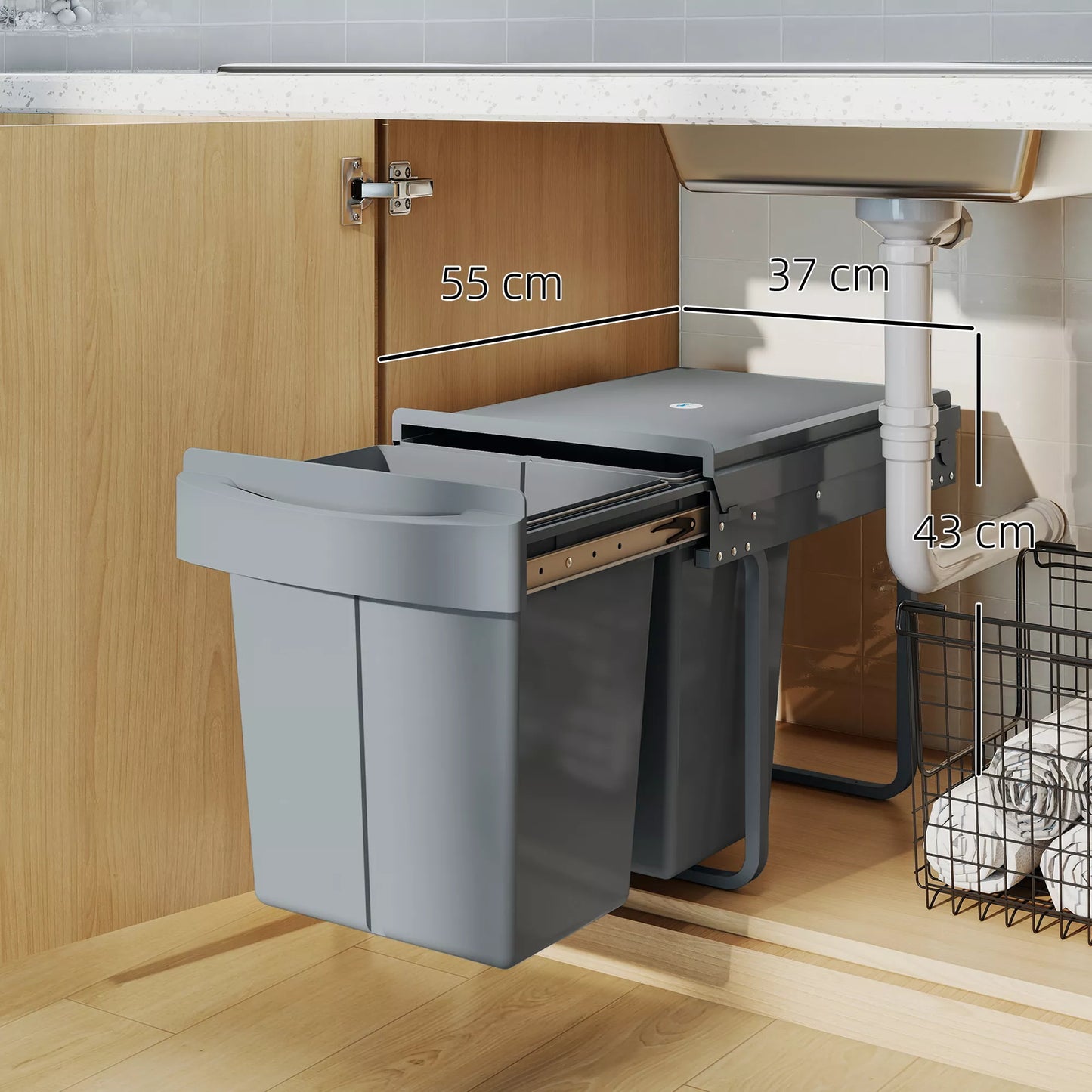 Išimamas šiukšlių konteineris, 2 x 20 l, išimami konteineriai, plastikas, metalas, pilkos spalvos