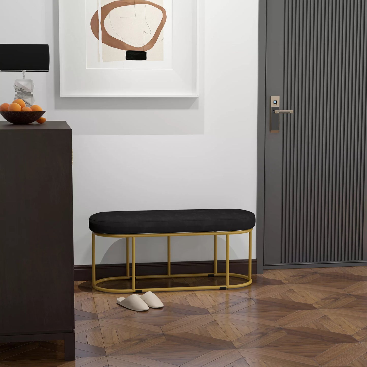 Batuto retro dizaino, suoliukas prie lovos, prieškambario suoliukas, aksomo išvaizda, iki 200 kg, metalinis rėmas, juodas, 100 x 37 x 43 cm