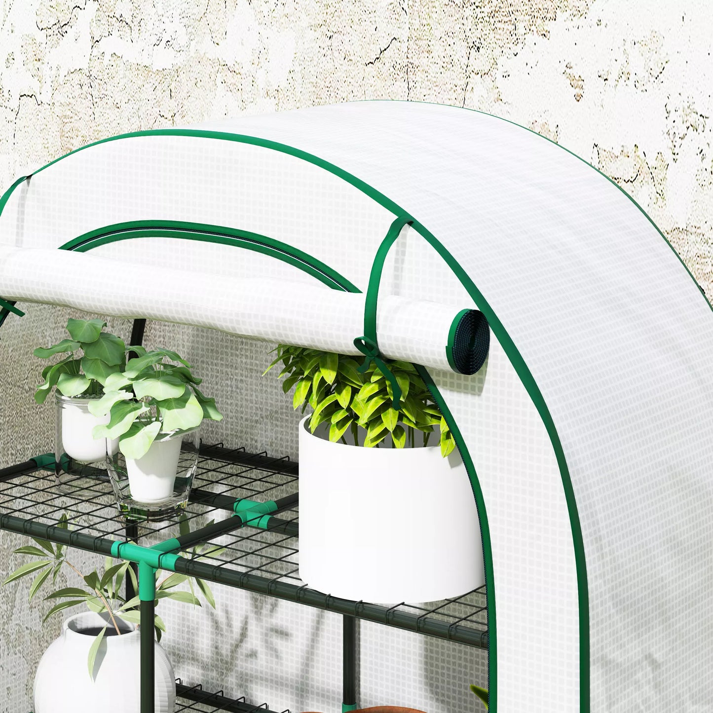 Mini šiltnamis, 4 pakopų šiltnamis su plastikine danga, nešiojamas, su atverčiamomis durimis, 100 x 45 x 160 cm, baltas