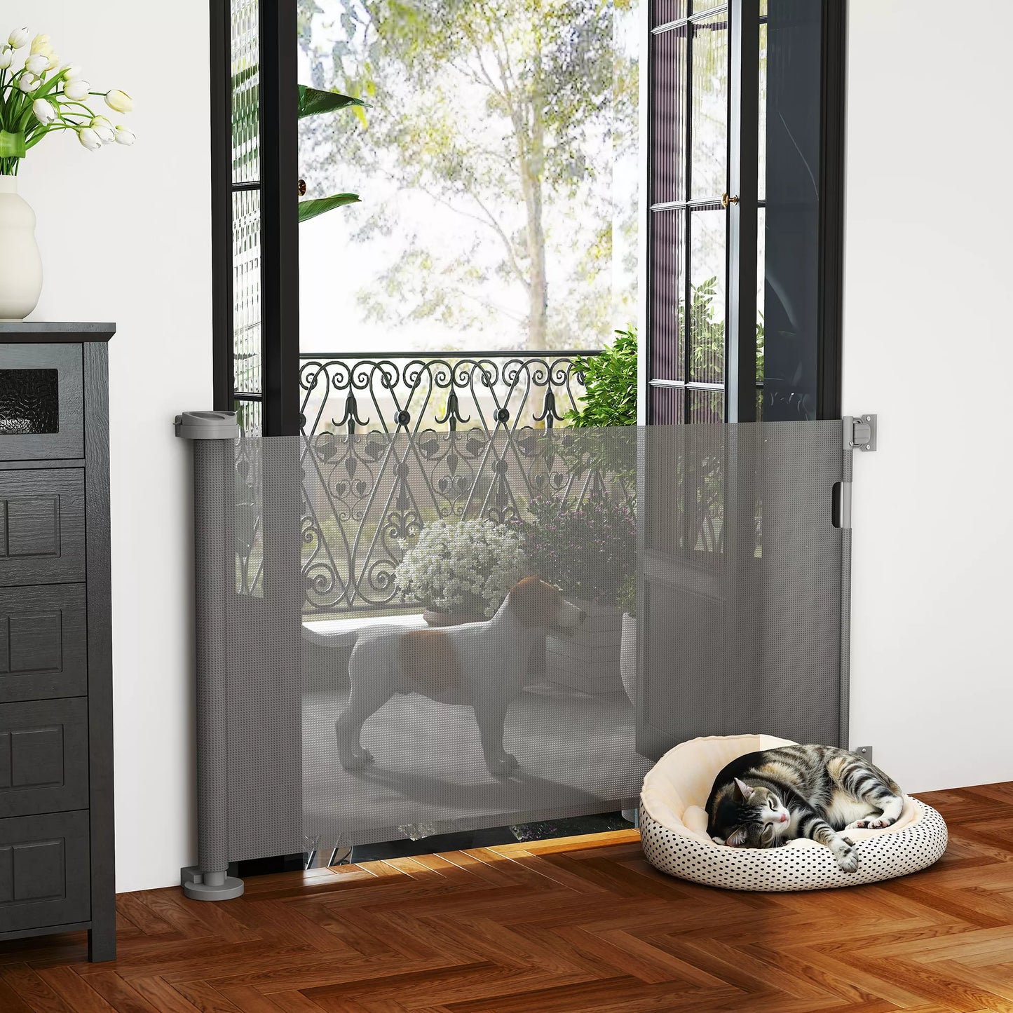 Ištraukiamos laiptų apsaugos grotelės 0–136 cm 87 cm aukščio durų apsaugos grotelės naminiams gyvūnams 142 x 10 x 87 cm Pilkos spalvos