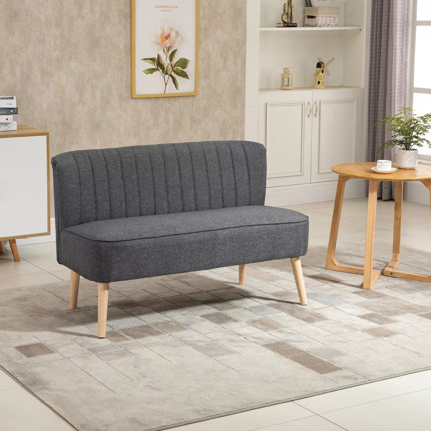 Dviejų vietų sofa, minkštas paminkštinimas, lengvai prižiūrimas užvalkalas, iki 150 kg, 117 x 56,5 x 77 cm, tamsiai pilkos spalvos