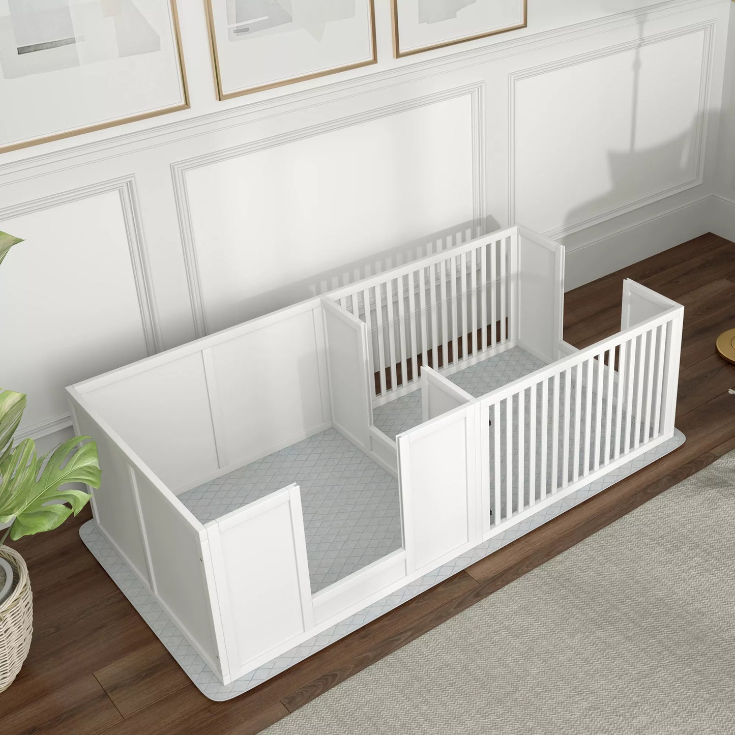 Šuniukų veisimo dėžė, su pagrindu, lengvai valoma, medinė, 166x80x50 cm, balta