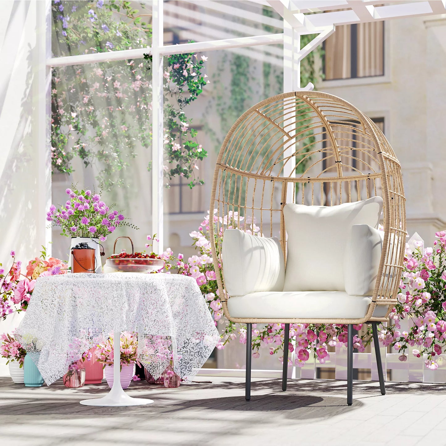 Rattan kėdė kiaušinio formos su nuimamu pagalvėle, apmušalu, lauko kėdė iš rotango 95 x 80 x 155 cm smėlio spalvos