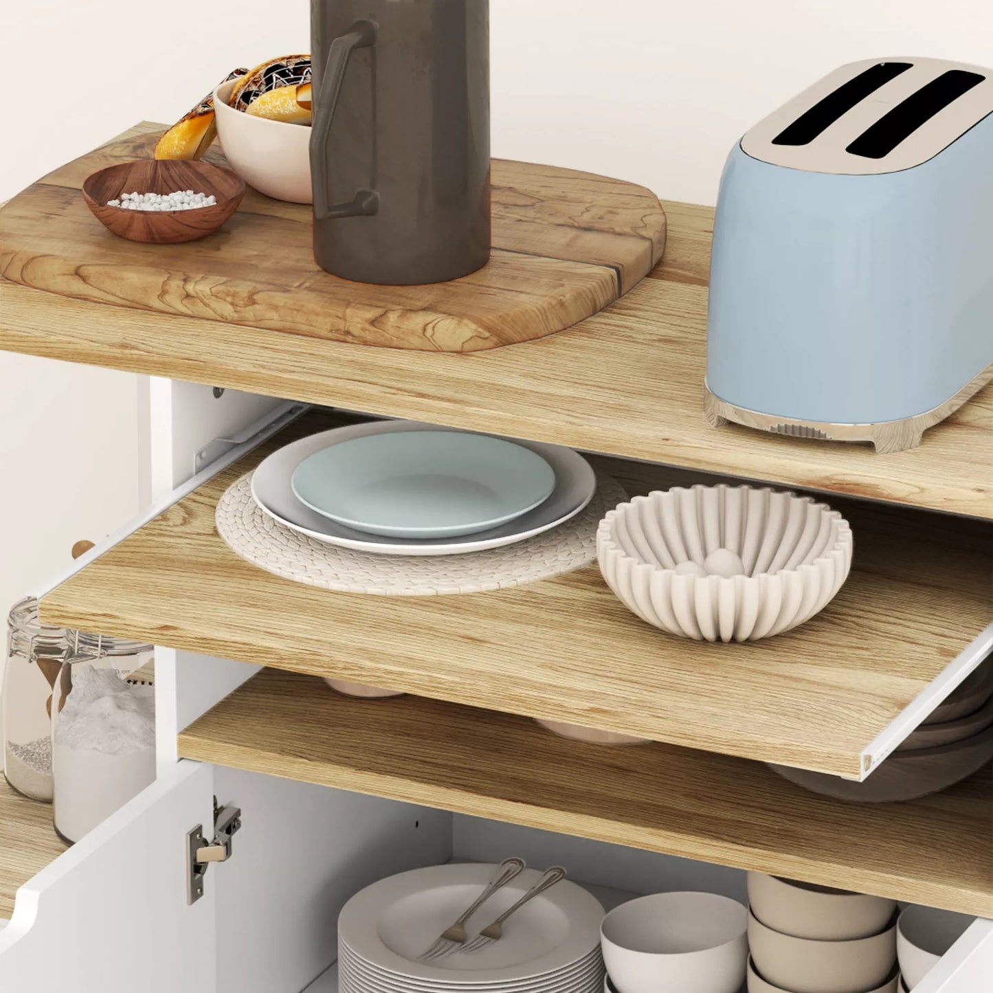 Virtuvės vežimėlis ant ratukų su laikymo vieta, spintelė, reguliuojamos lentynos, skirta virtuvei, svetainei, valgomajam, balta