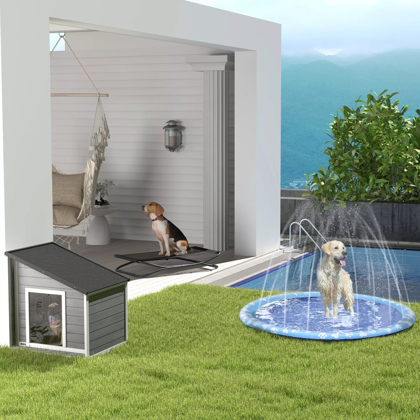 Medinė šunų būda, atspari oro sąlygoms, asfaltinis stogas, 71 cm x 58 cm x 77 cm, pilka + balta