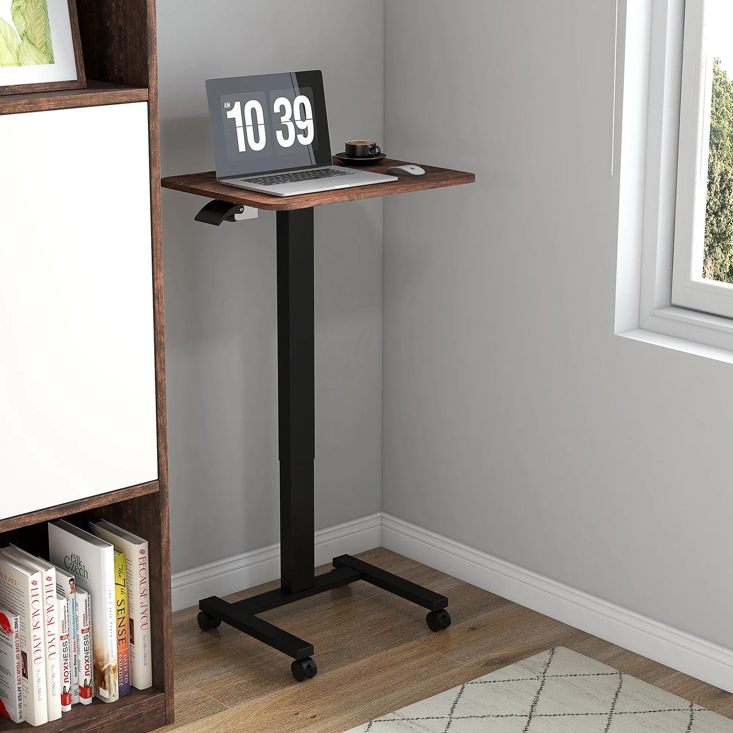 Pastatomas stalas, stalas nešiojamajam kompiuteriui, reguliuojamo aukščio, 4 ratukai, 65 cm x 48 cm x 108 cm, ruda + juoda