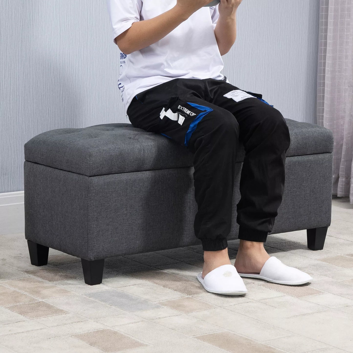 Suolas su laikymo erdve, minkštasuolis su lino išvaizda, laikymo dėžė su medinėmis kojomis, suolas su lova svetainei, miegamajam, koridoriui 100 x 40 x 44 cm Tamsiai pilkas