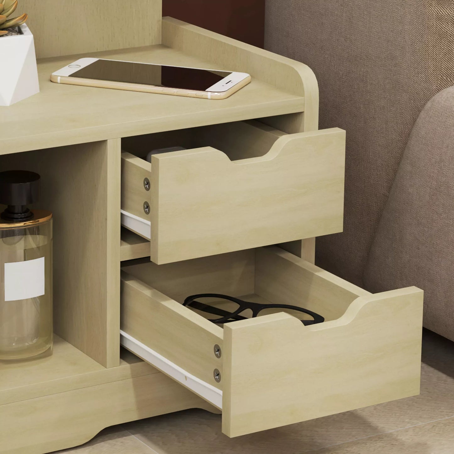 Naktinis staliukas su 2 stalčiais, atvira lentyna, 40x30x60 cm, medžio imitacija