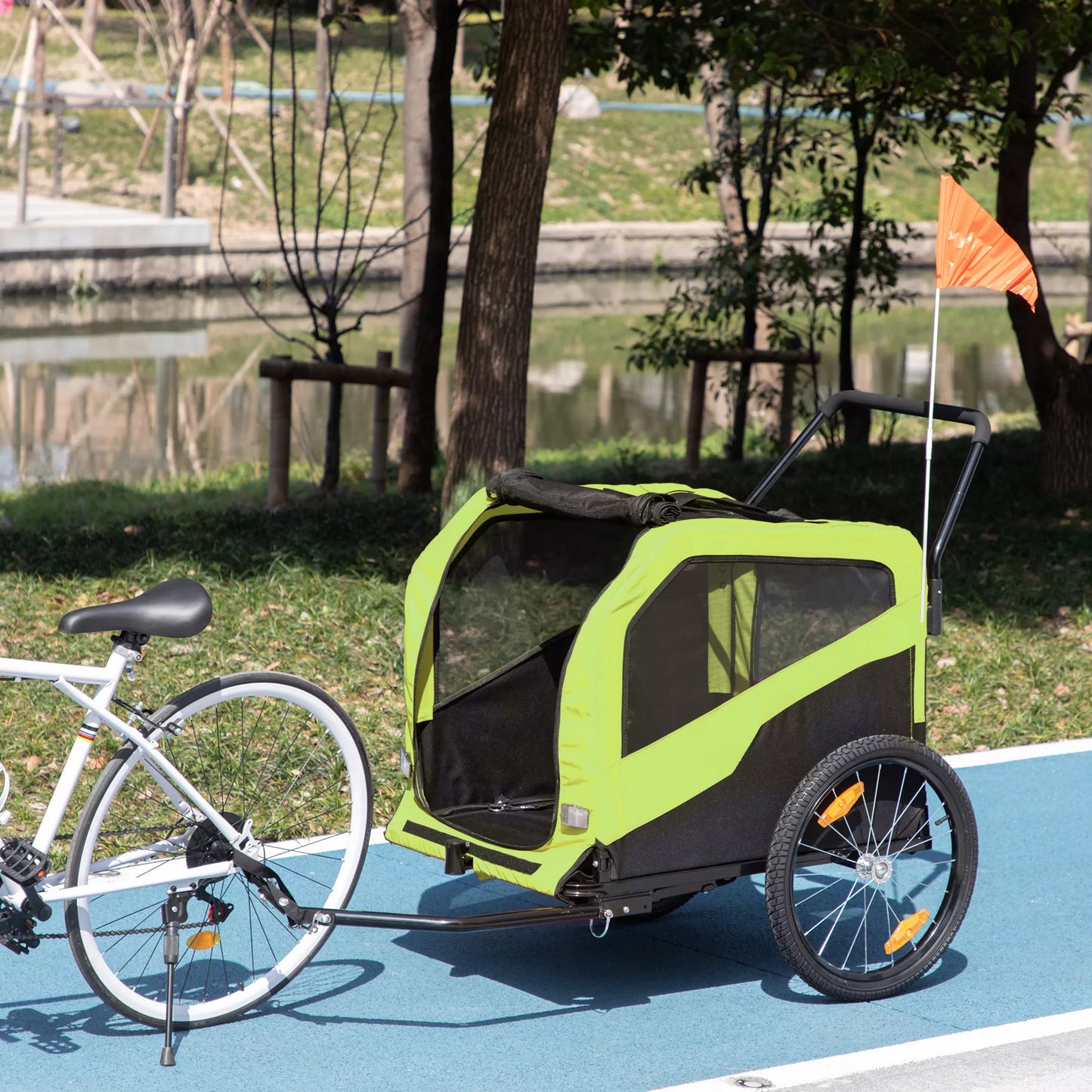 2in1 šunų priekaba, stumiamoji funkcija, 2 įėjimai, tinklinis langas, apsauga nuo saulės, plieninis rėmas, žalia, 170 x 77 x 90 cm