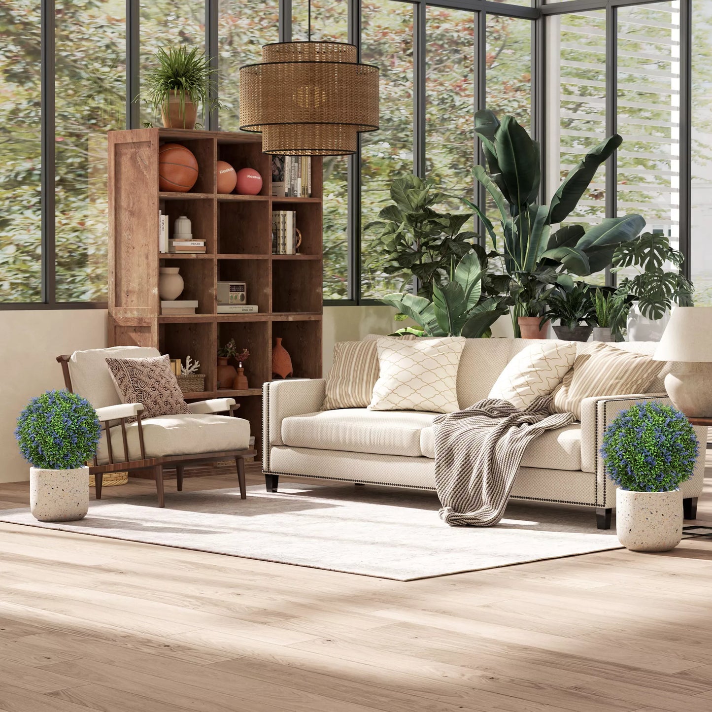 2 vnt. dirbtinių medelių rinkinys, dirbtiniai levandų medeliai, žemės kuoliukai, atsparūs UV spinduliams