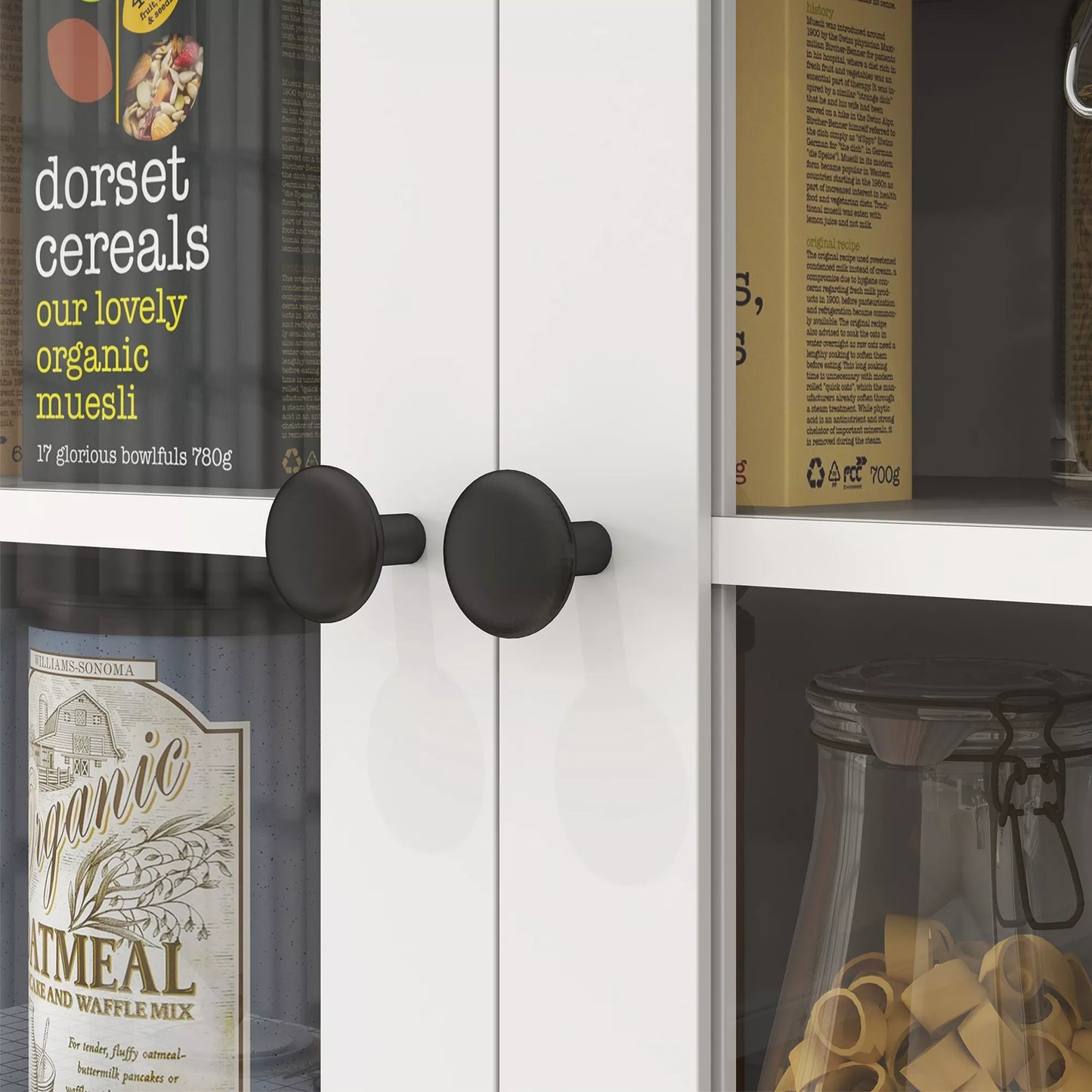 Laisvai pastatoma virtuvės spintelė su stalviršiu mikrobangų krosnelei, kavos aparatui, skyriams, stiklinėmis durelėmis, balta