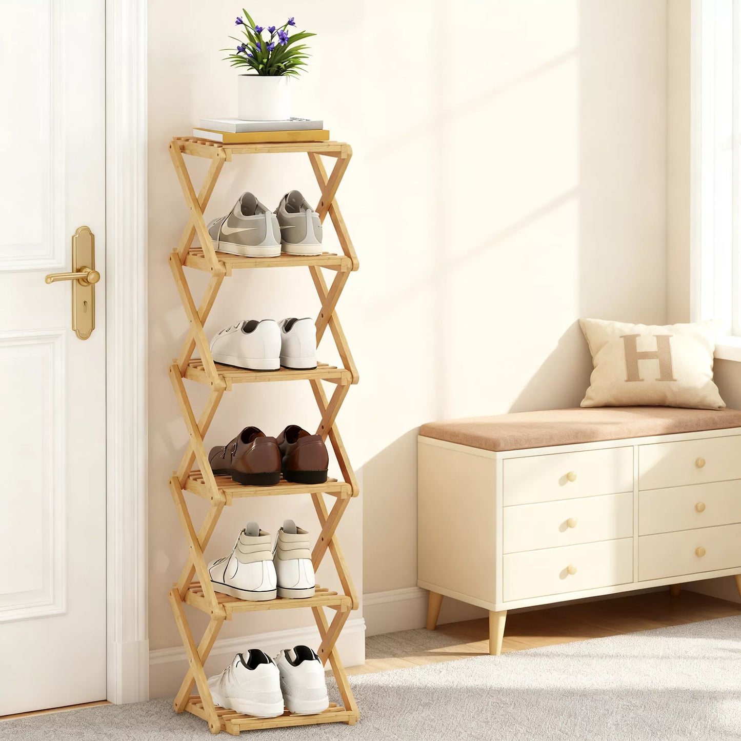 Batų stovas, sulankstomas batų stovas su 6 lygiais iš bambuko, skirtas maks. 9 poroms batų, 30 x 29 x 108 cm, natūralus