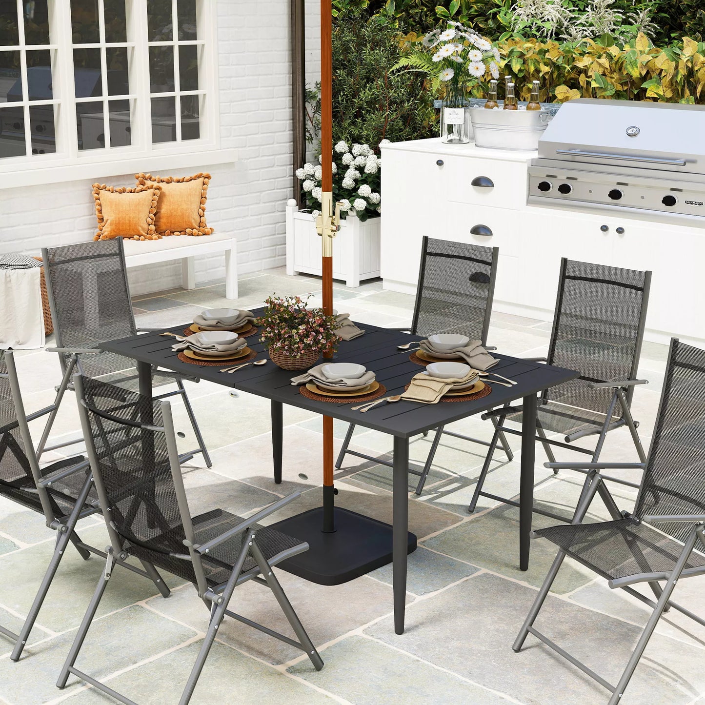 Metalinis sodo stalas, 150x90 cm stalviršis su anga skėčiui, atsparus orų poveikiui, juodas