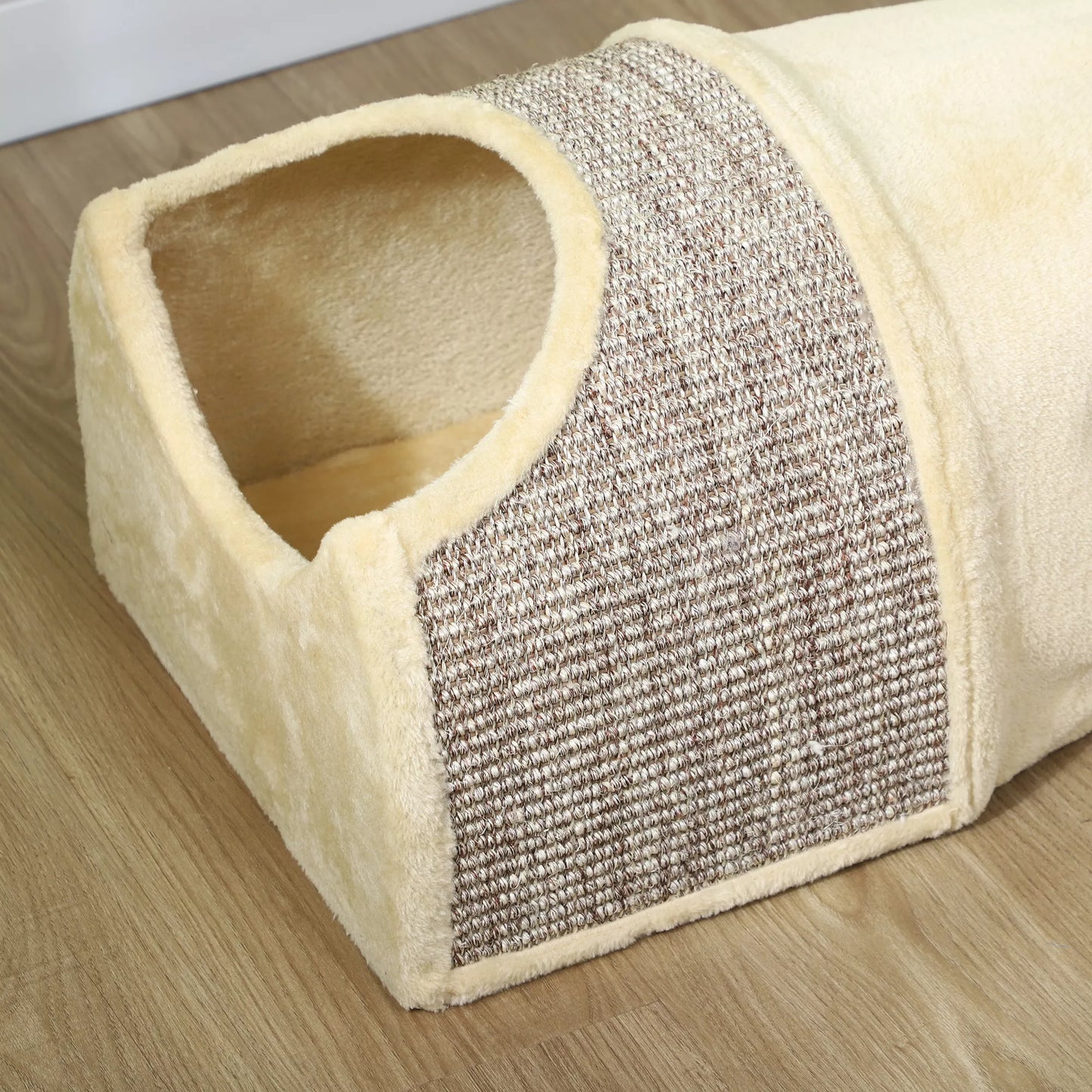 Kačių tunelis su 3 angomis, pliušinis, sizalio draskymo virvė, 107x38x29 cm, smėlio spalvos/pilkos spalvos