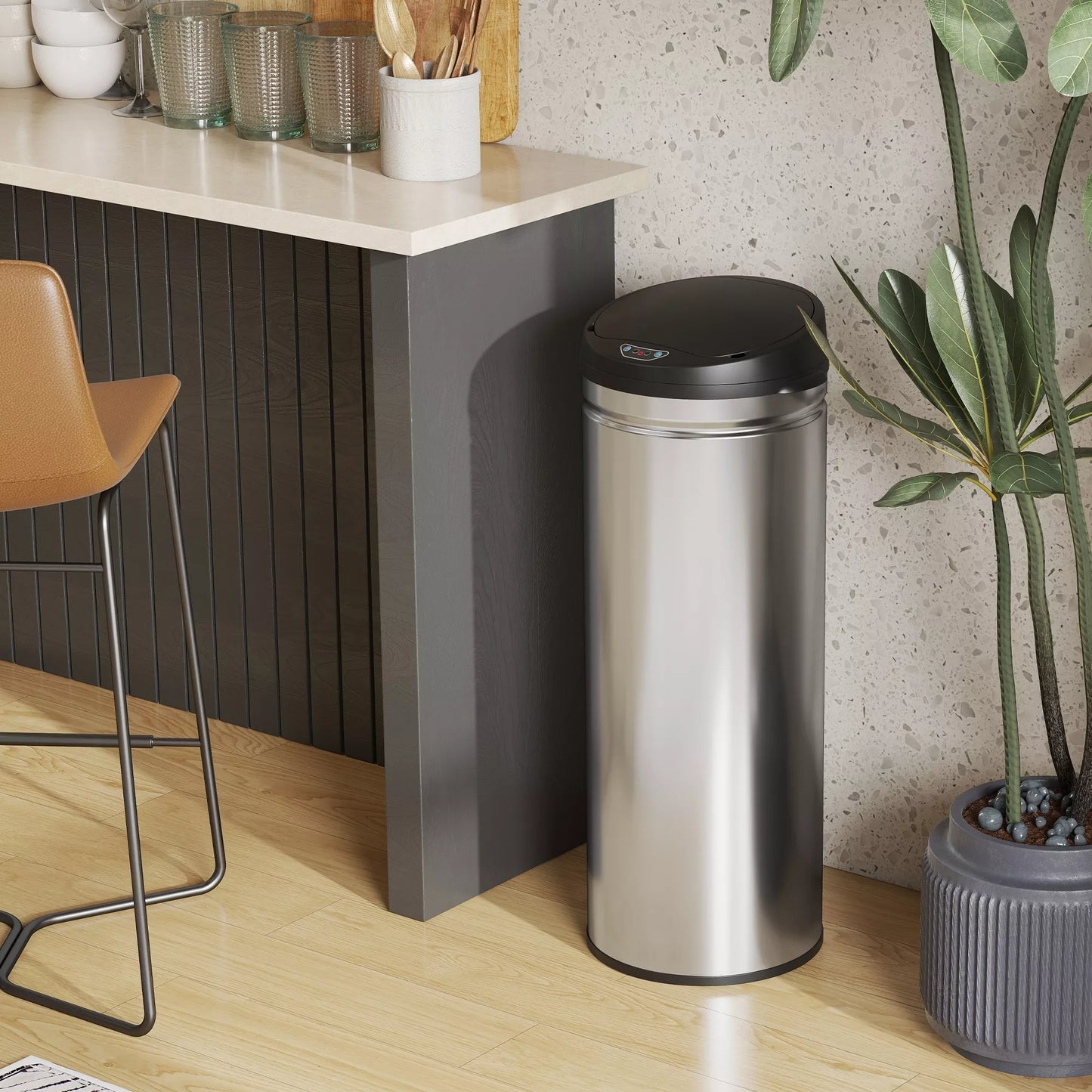 50 litrų sensorinė šiukšliadėžė su švelnaus uždarymo funkcija, bekontaktis nerūdijančio plieno šiukšlių kibiras higieniškiems virtuvės, biuro poreikiams, sidabrinės spalvos
