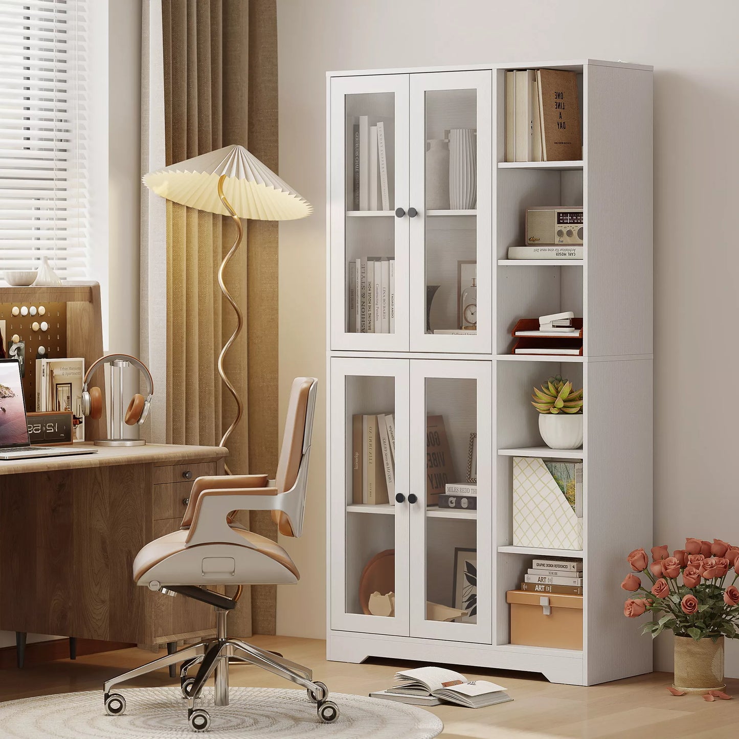 Virtuvės spintelė su stiklinėmis durelėmis, lentynomis, atviromis lentynomis, 172 cm aukščio, MDF, Balta