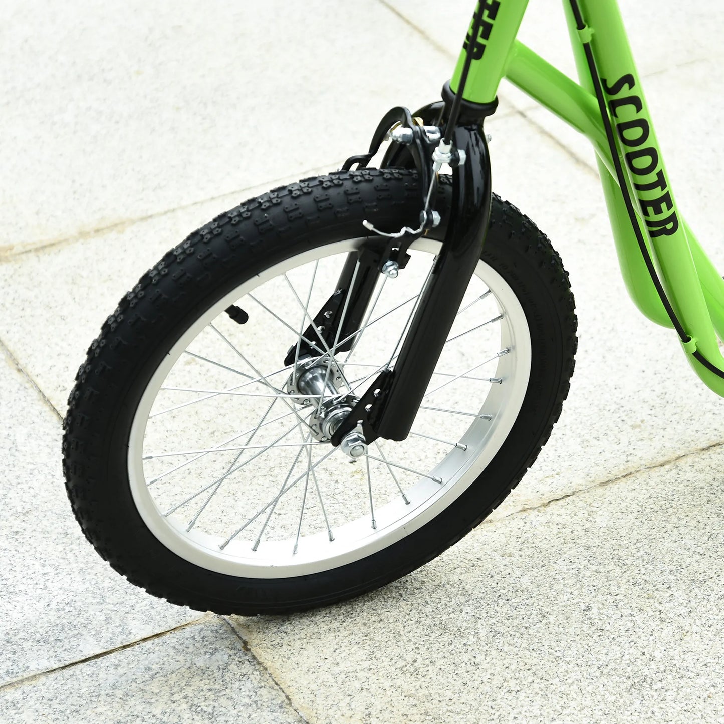 Vaikams skirtas paspirtukas su pripučiamomis padangomis ir rankiniu stabdžiu, 16 colių, žalias, tinkamas nuo 5 metų (139 x 58 x 90-96 cm)