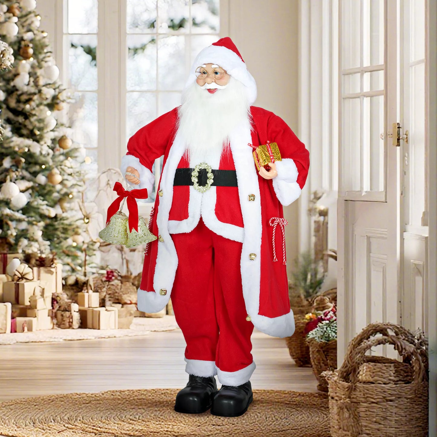 HOMCOM Kalėdų Senelis 1,15 m stovintis su dovana ir kalėdiniu varpeliu, skirtas vidaus patalpoms, Raudona