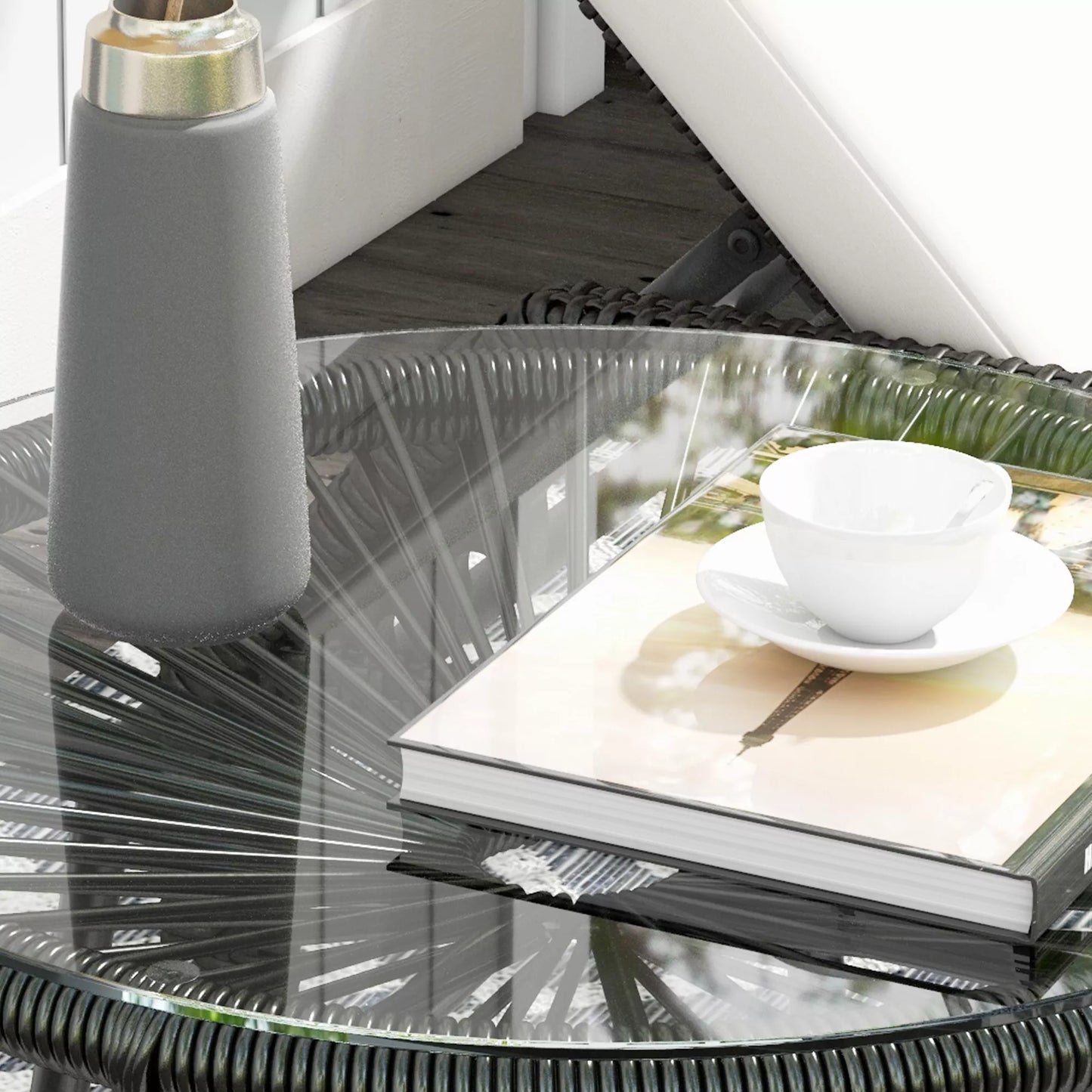 Sodo stalas Boho stiliaus lauko staliukas, PE rotangas, grūdintas stiklas, atsparus atmosferos poveikiui, 50 cm x 50 cm x 50 cm, juodas