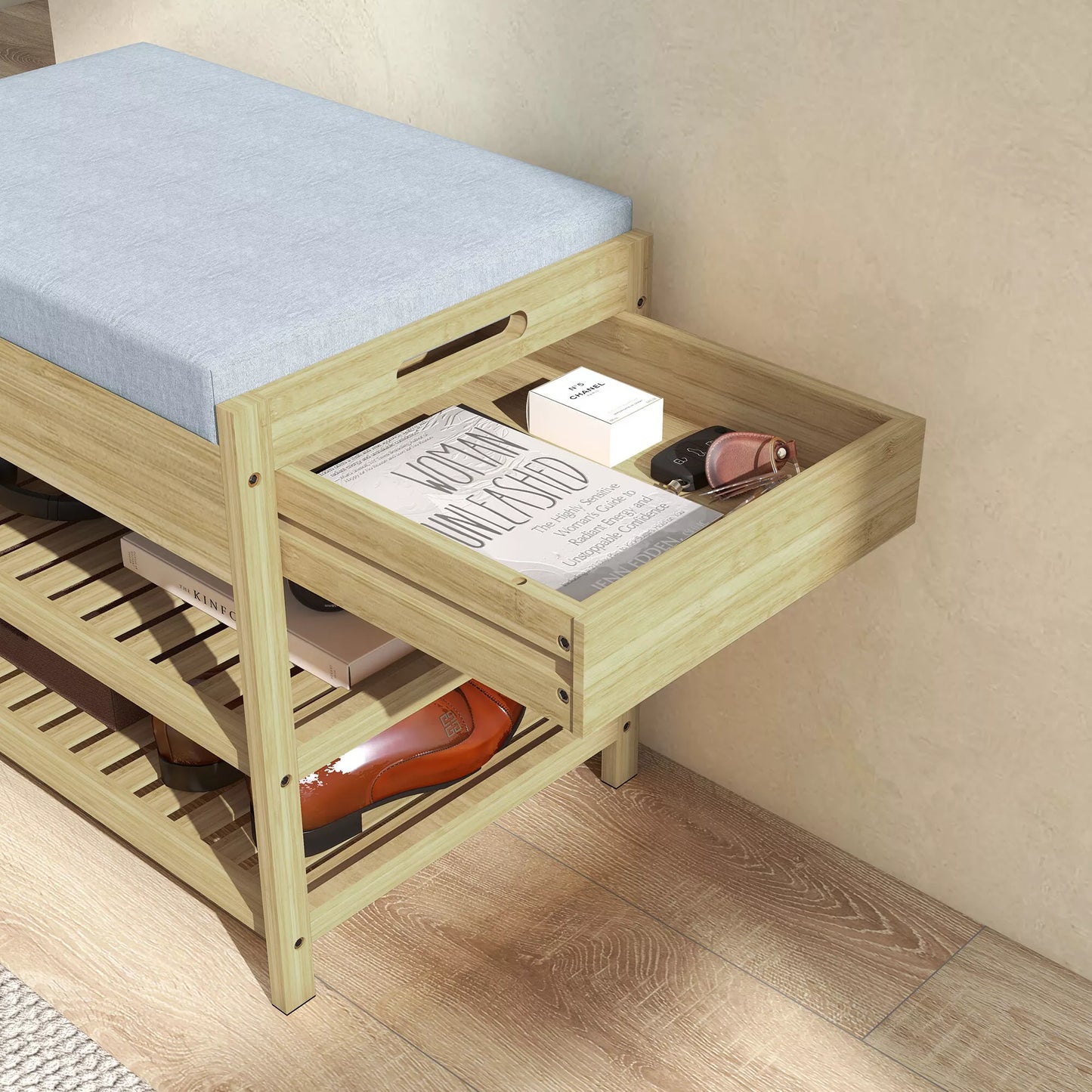 Batų suoliukas-lentyna, 2 lentynos, sėdimoji dalis, bambukas, 55 cm x 35 cm x 46 cm, pilka + natūrali