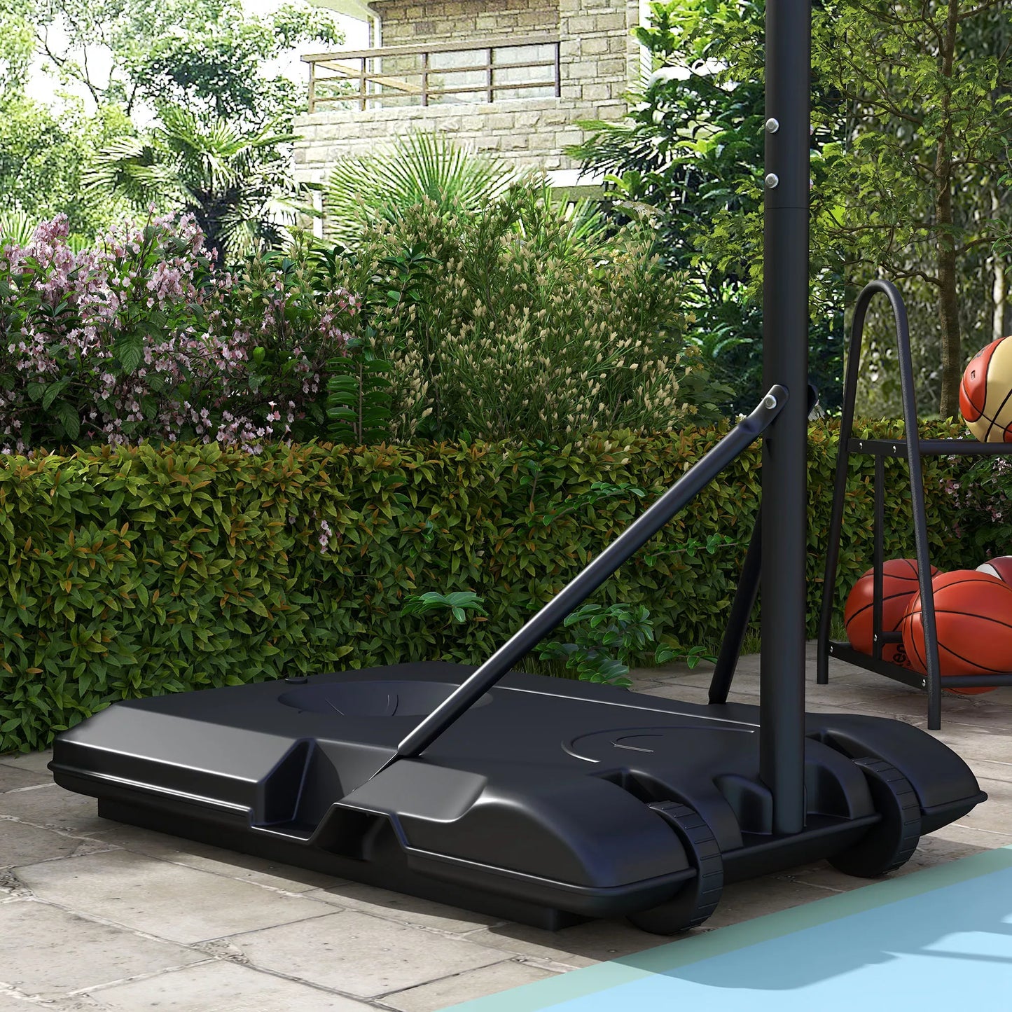 Reguliuojamo aukščio krepšinio lankas, laisvai pastatomas, su tinkleliu ir ratukais, didelis pagrindas, 179-209 cm, plastikas, plienas