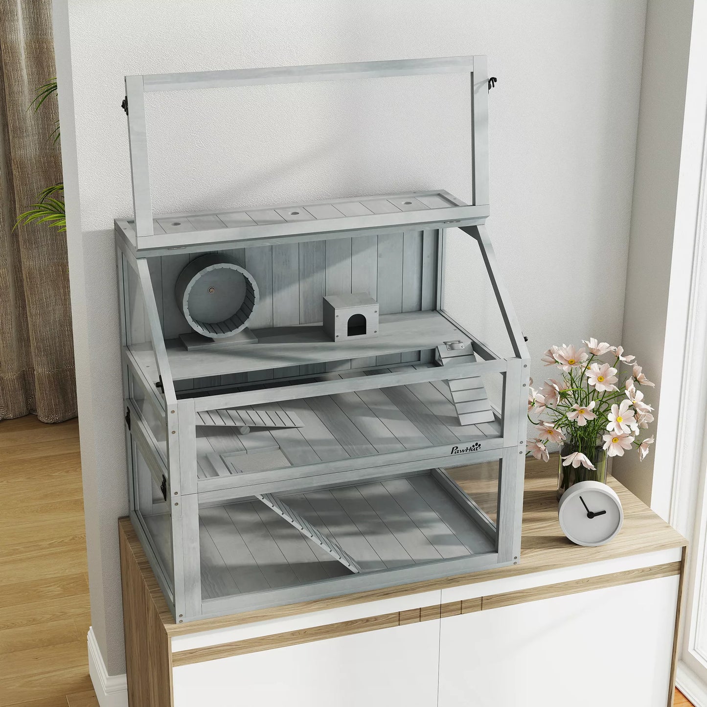 Medinų namelis žiurkėnams, 3 aukštų su didele dugnine, nuimamais lygiais, smulkiems gyvūnėliams, 80x50x76cm, šviesiai pilkas