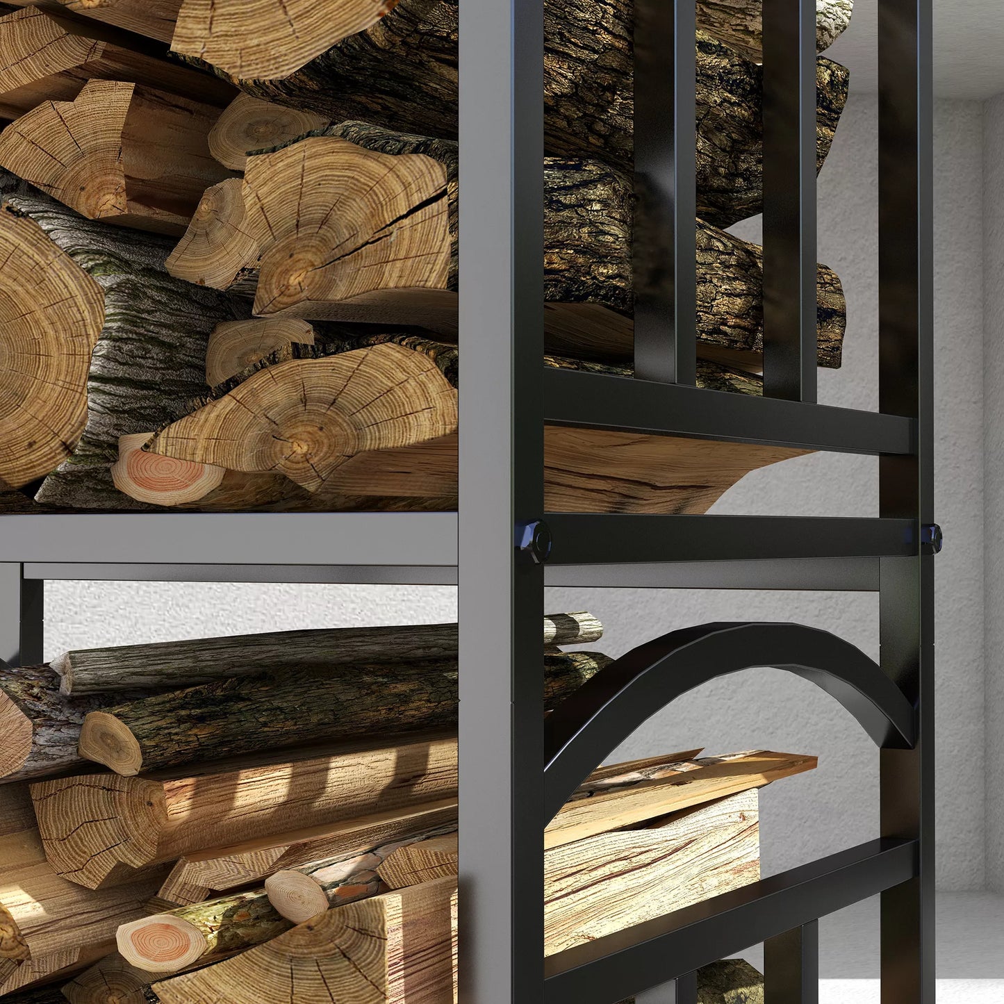 Vidinis malkų stovas 46 x 32 x 126 cm, 3 lygiai, malkų lentyna su 4 kabliukais, metalas, juodas