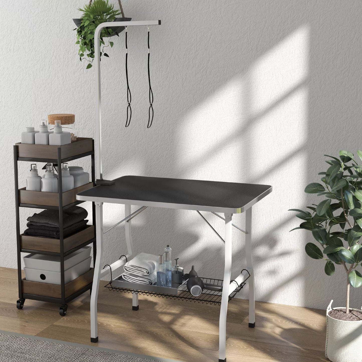 Šunų priežiūros stalas, kirpimo stalas su reguliuojamu laikikliu, laikymo skyrius, gumine danga, 90 x 60 x 76 cm, Juodas