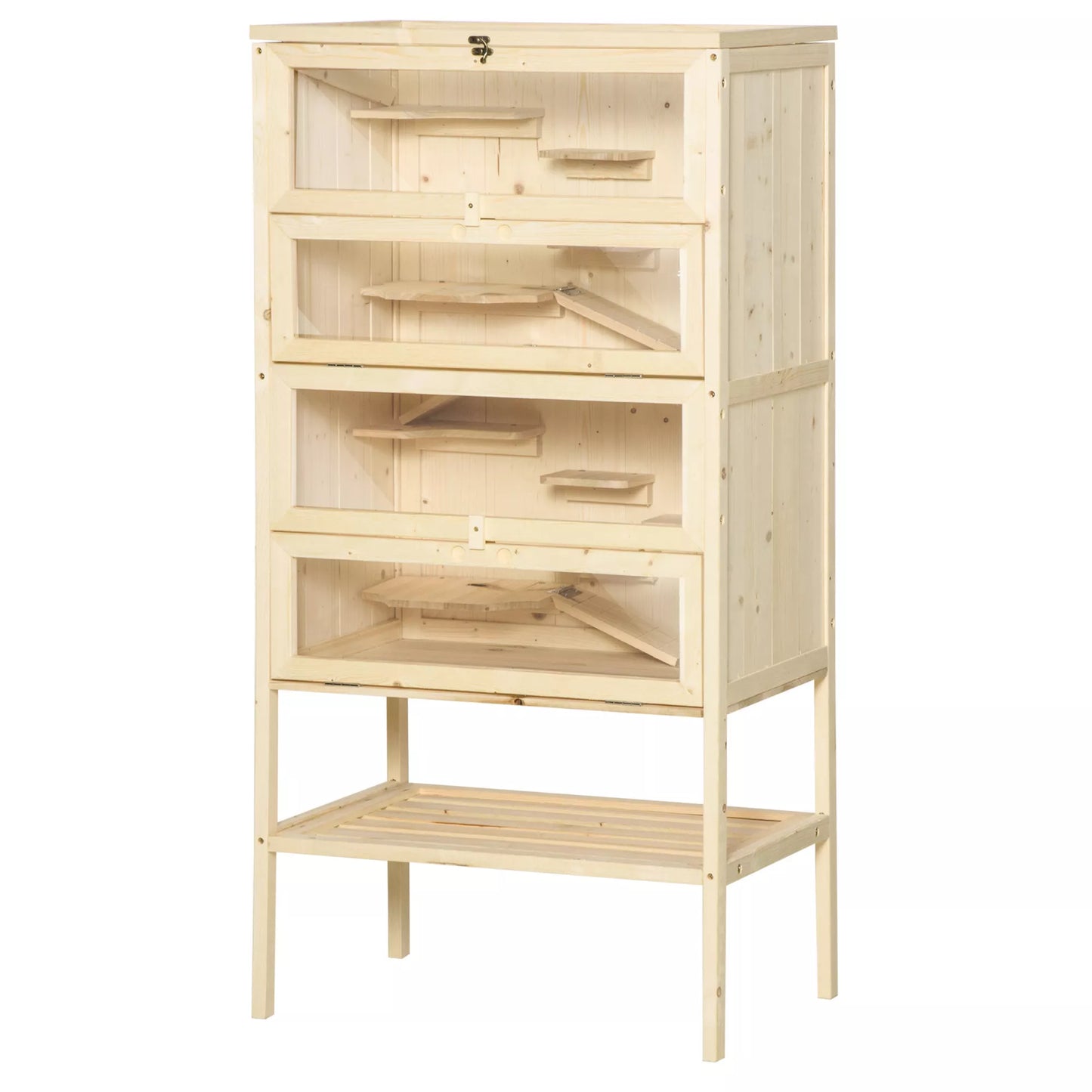 Medinis žiurkėno narvas 5 aukštų, graužikų narvas, mažų gyvūnėlių narvas su tinklelio stogu ir rampos, medinis narvas, didelis pelių narvas, narvas žiurkėnams, nykštukiniams žiurkėnams, 60 x 40 x 120 cm, natūrali mediena