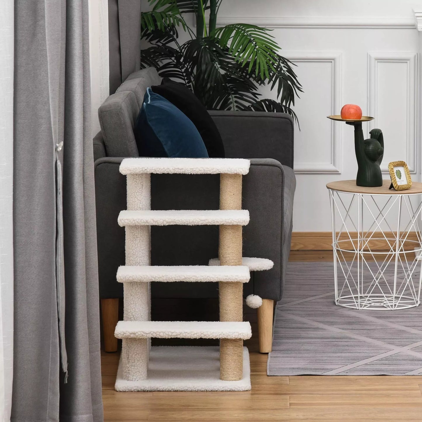 Katės laipteliai 4 pakopų augintinių laipteliai su draskyklėmis rutulys šunų laipteliai gyvūnų laipteliai katėms iki 5 kg pliušas džiutas baltas 60 x 40 x 64 cm