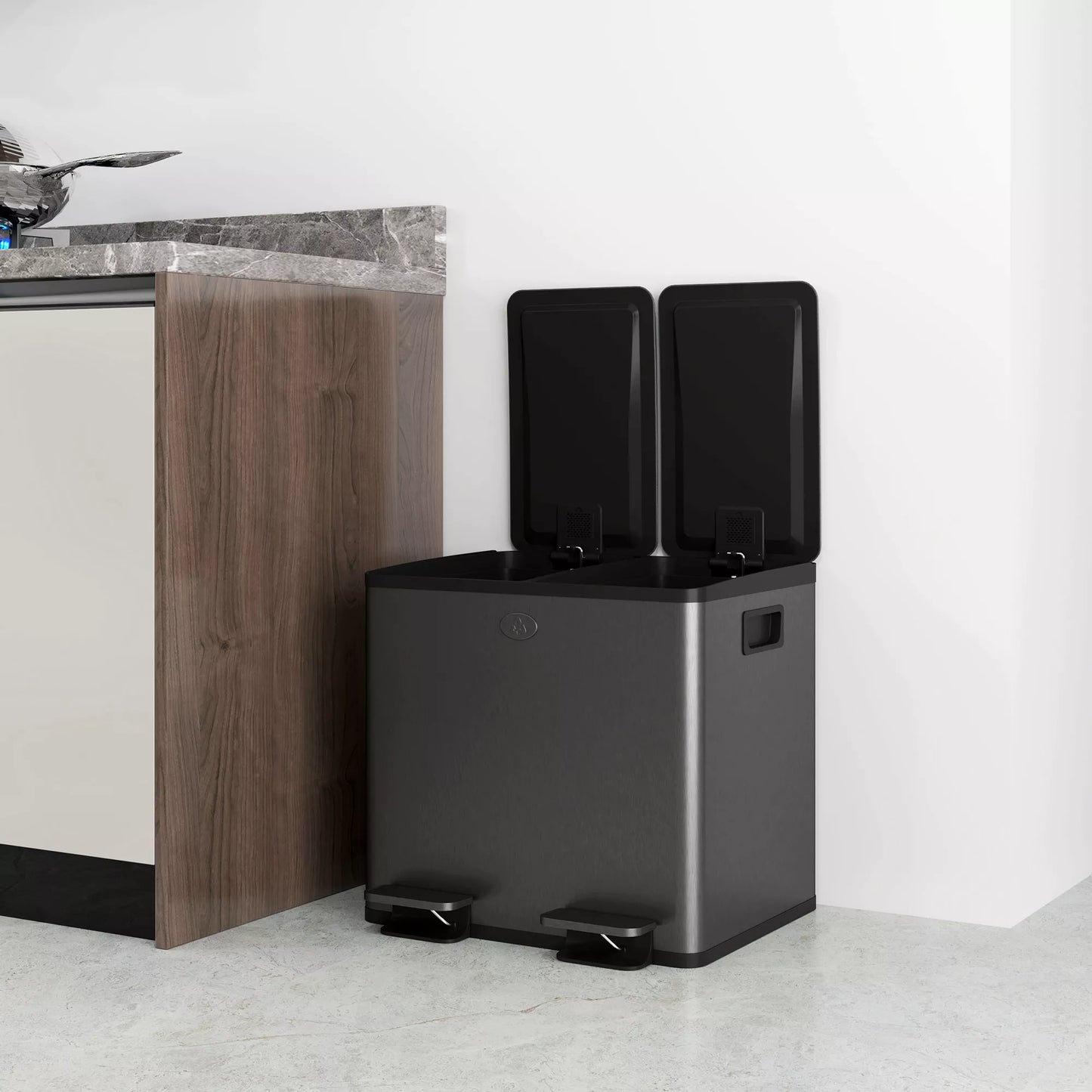 2 x 15 L dviguba šiukšliadėžė, su pedalu, lengva valyti, nerūdijantis plienas, plastikas, juoda