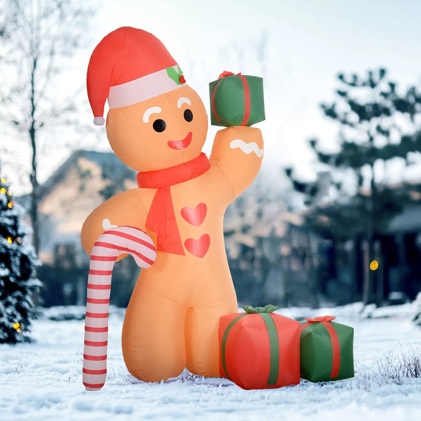 Outsunny Pripučiamas meduolių žmogeliukas su pagaliuku, 2,45 m aukščio, su baltu LED apšvietimu, 170 x 100 x 245 cm