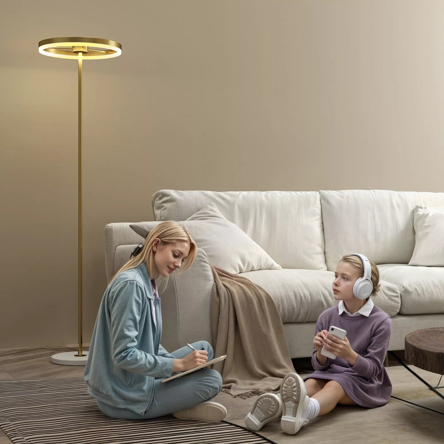 Pastatomas šviestuvas, kojinis jungiklis, metalinė konstrukcija, akrilo gaubtas, 4000K, pritemdomas, aukso spalvos