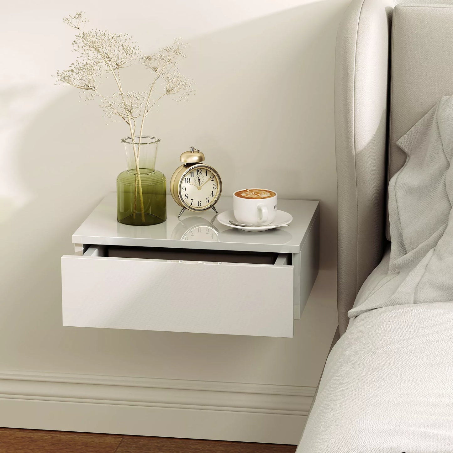 2 vnt. naktiniai staliukai, tvirtinami prie sienos, su stalčiumi, miegamajam, medžio drožlių plokštė, balta