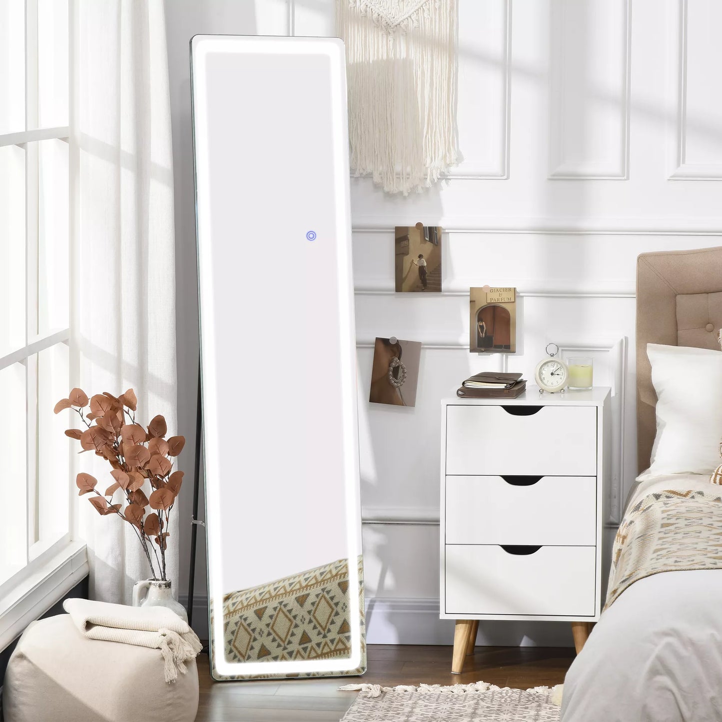 2-in-1 pastatomas veidrodis su LED apšvietimu, laisvai statomas, aliuminio, reguliuojamas apšvietimas, 40 cm x 37 cm x 157,5 cm