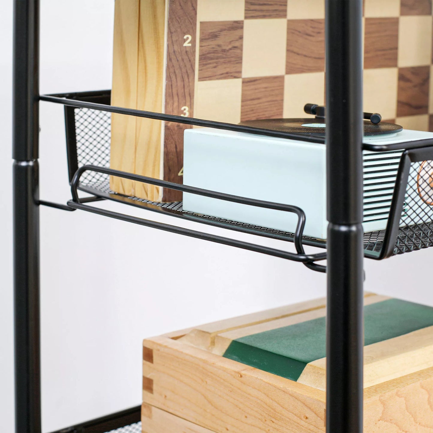 Vežimėlis su 4 pakabinamais krepšeliais, ratukinis serviravimo vežimėlis, mobilus, su nuimamais kabliukais, plienas, 45 x 26,5 x 84 cm, juodas