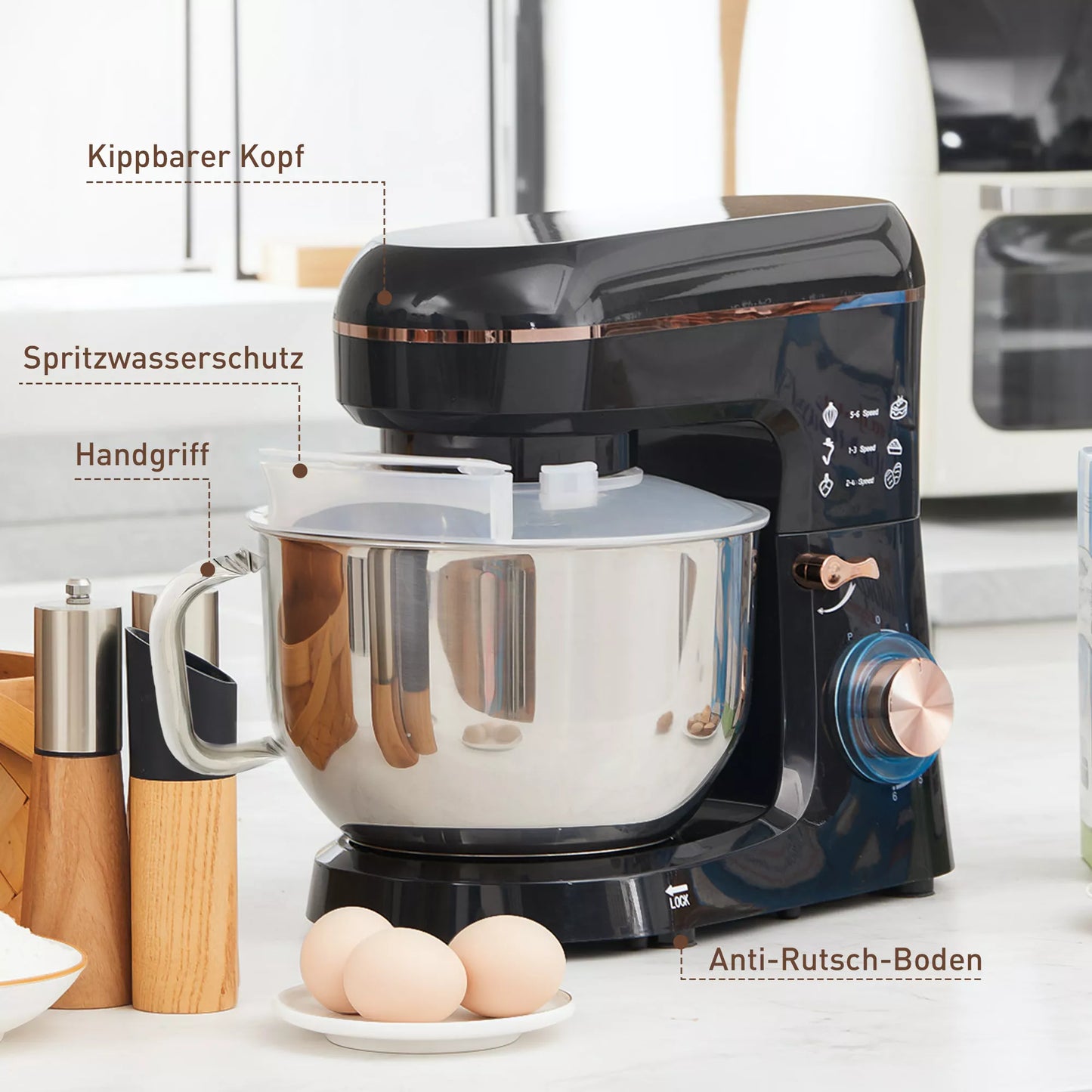 Stacionarusis maišytuvas, virtuvės kombainas, maišytuvas, 6 greičiai, 5,5 l nerūdijančio plieno dubuo, juodas