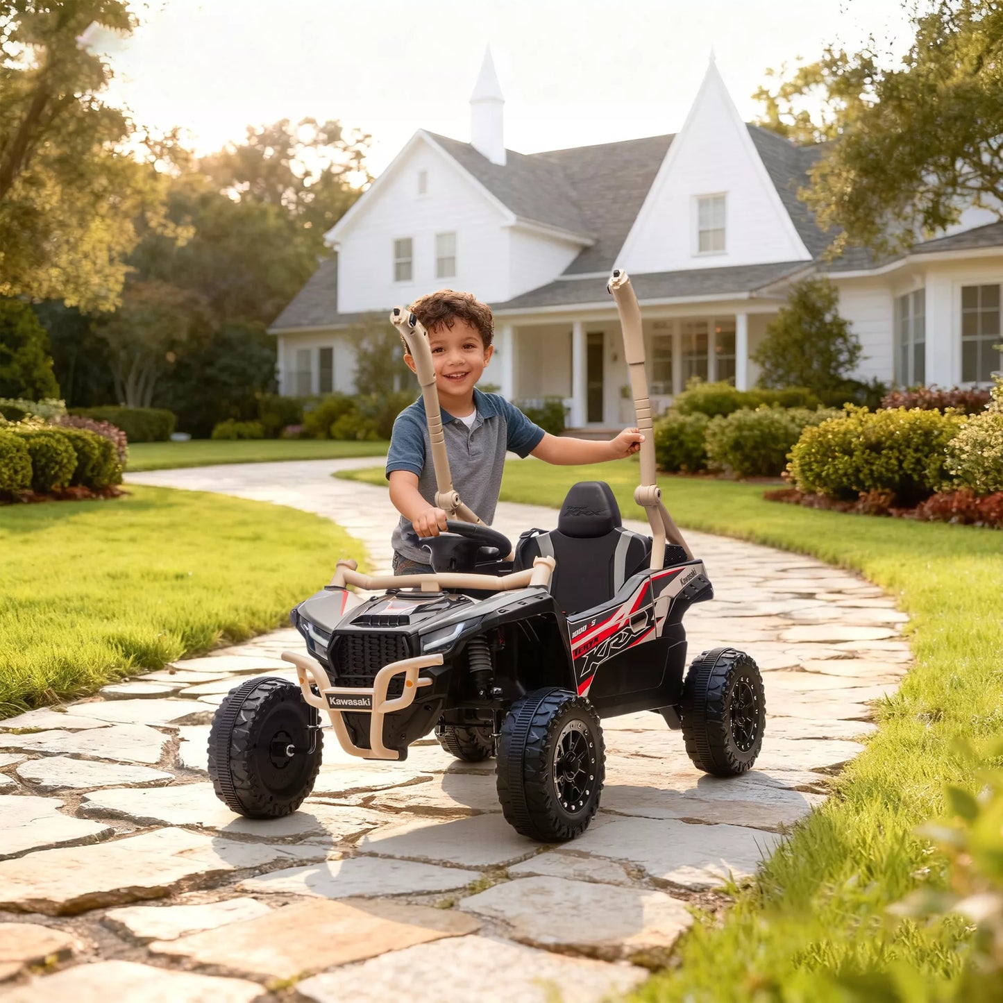 12V elektrinis visureigis vaikams su nuotolinio valdymo pultu, LED žibintais, muzika, garsiniu signalu, skirtas 3-8 metų vaikams, geltonos spalvos