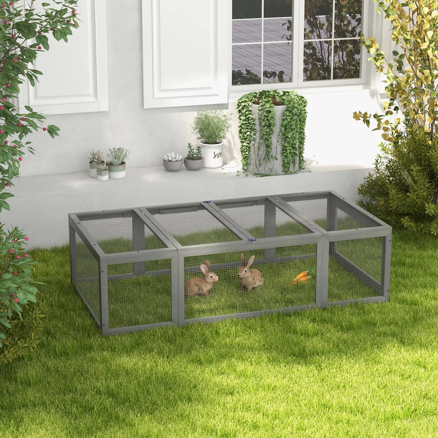 Lauko voljeras smulkiems gyvūnams, atlenkiamas stogas, eglės mediena, pilkas