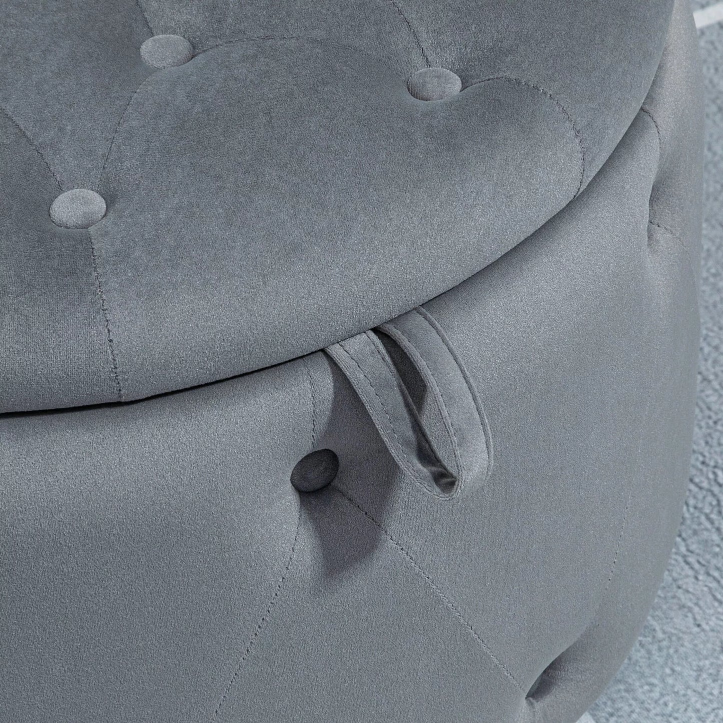 Apvalus pufas su daiktadėže, dygsniuotas su sagomis, velveto tipo danga, pilkas, 60 x 60 x 40 cm