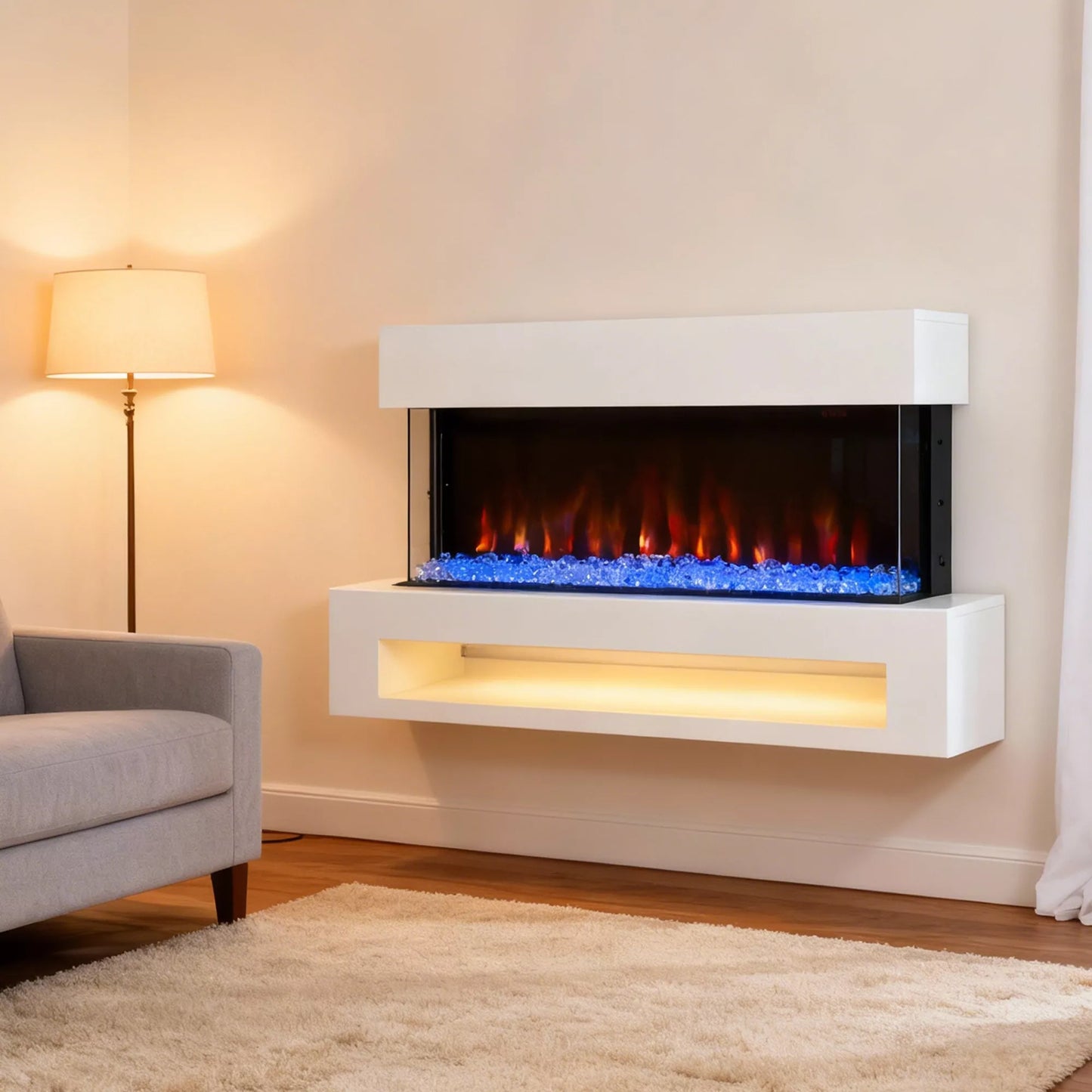 Elektrinis židinys su 11 liepsnos spalvų, 10 kristalų lovos spalvų, 1000 W/2000 W, nuotolinio valdymo pultas, universalus, baltas