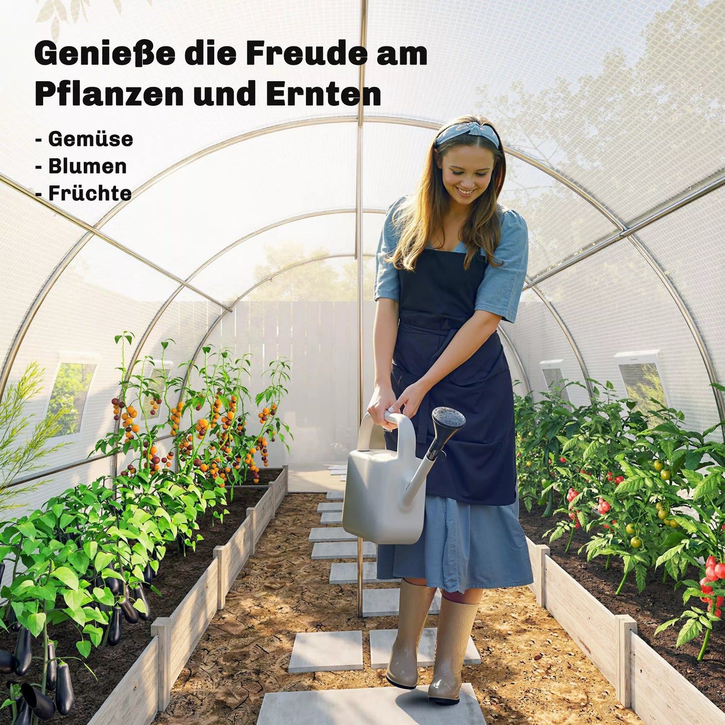 Plėvelės šiltnamis, plastikinis dangtis, tinklinės durys, atramos, baltos spalvos