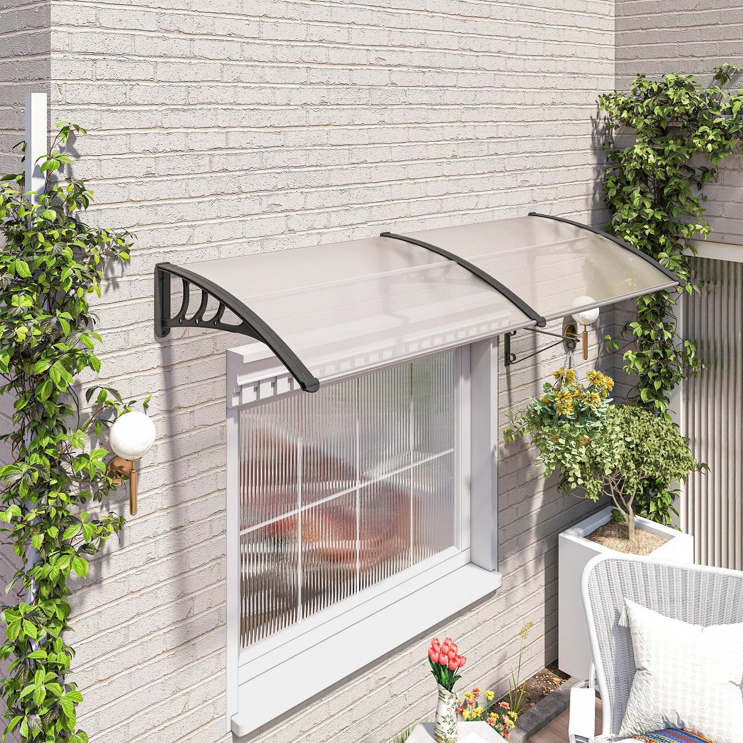 Prieangio stogelis virš durų 75x195x23 cm, 5 mm polikarbonato apsauga nuo saulės ir lietaus lauke, aliuminio, permatomas