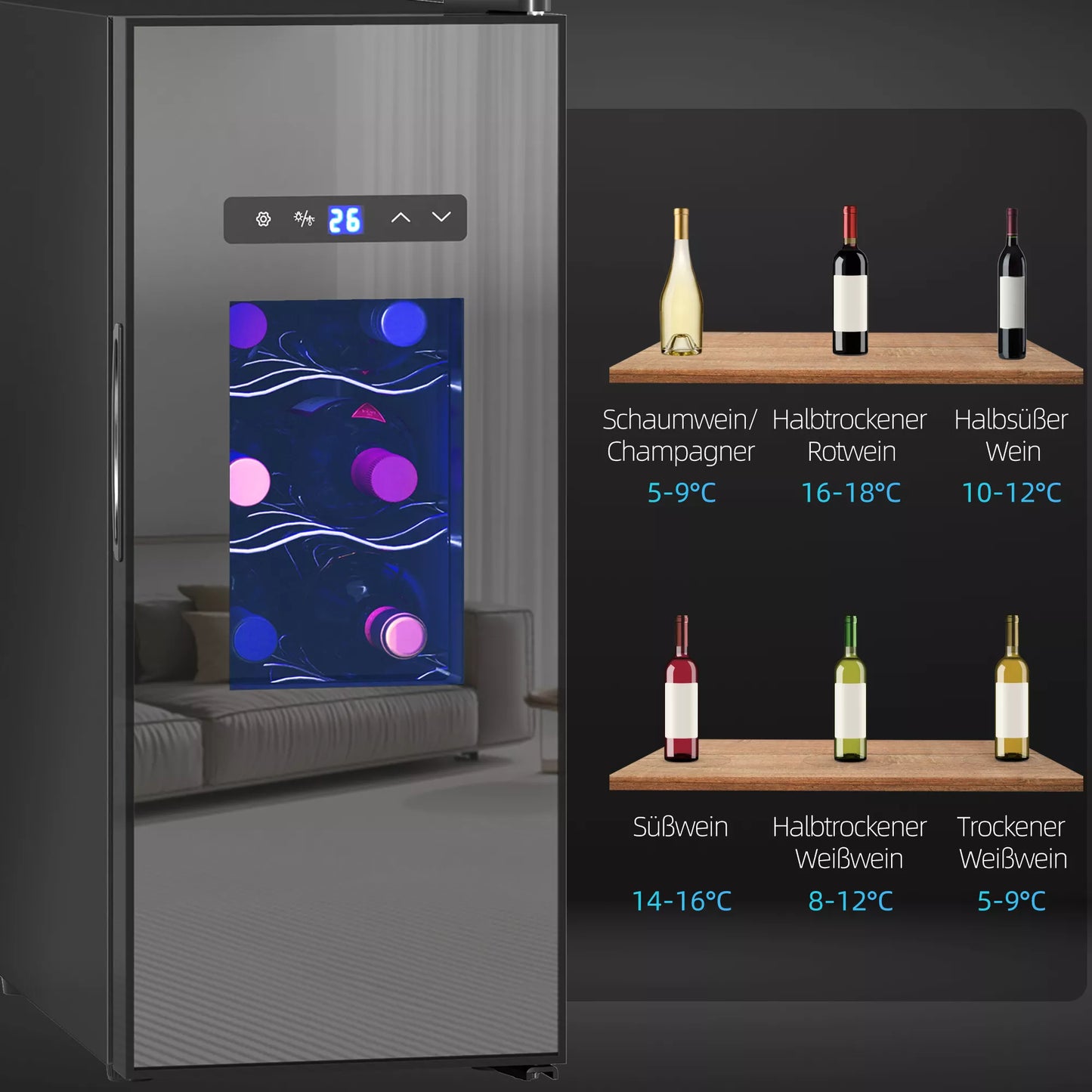 Vyno šaldytuvas 12 buteliams, su stiklinėmis durelėmis, Gėrimų šaldytuvas su LED apšvietimu, lietimui jautriu ekranu, Juodas