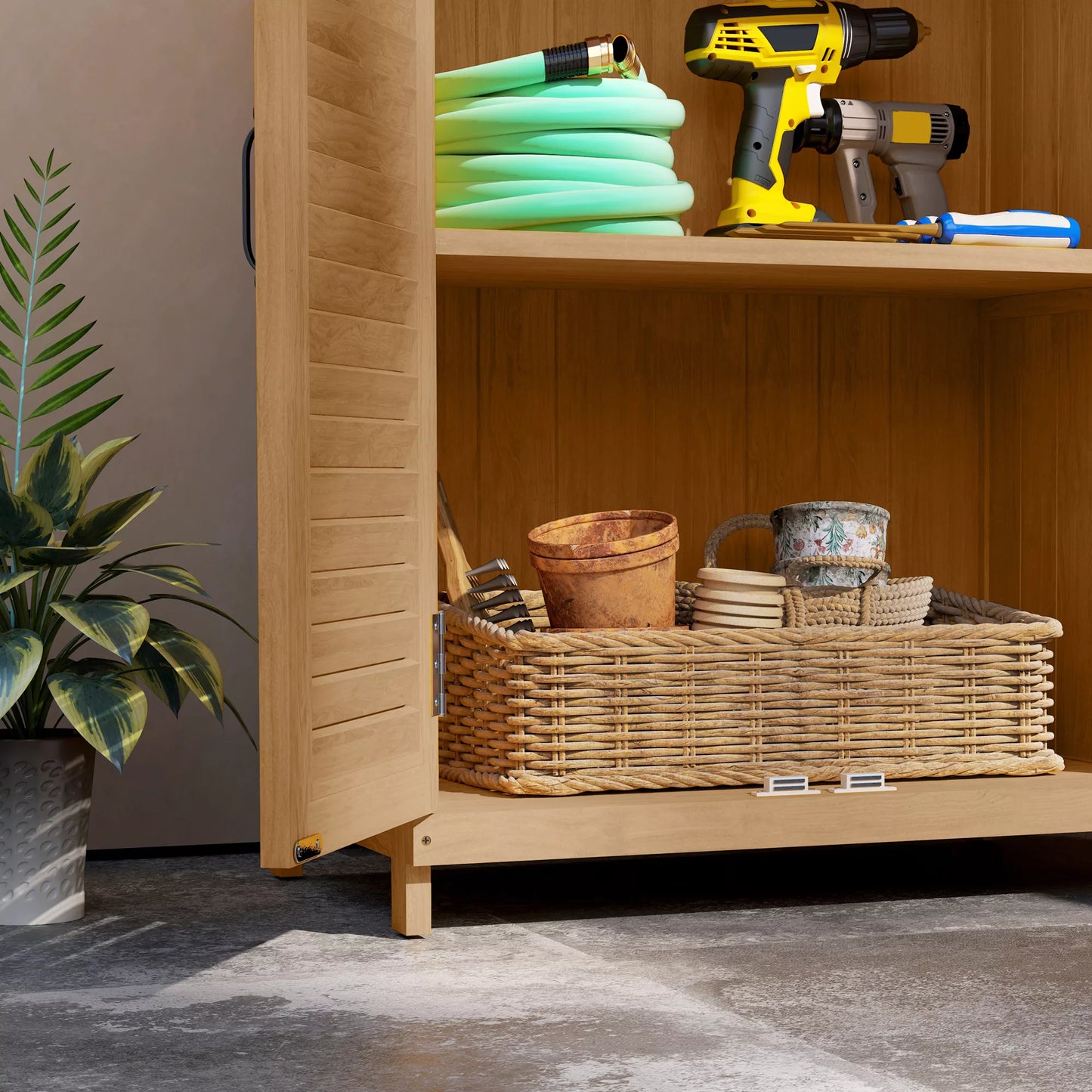 Sodo spintelė iš medžio, įrankių sandėliukas su darbo paviršiumi, atspari oro sąlygoms įrankių spintelė, 65,5x40x98,5 cm, geltona