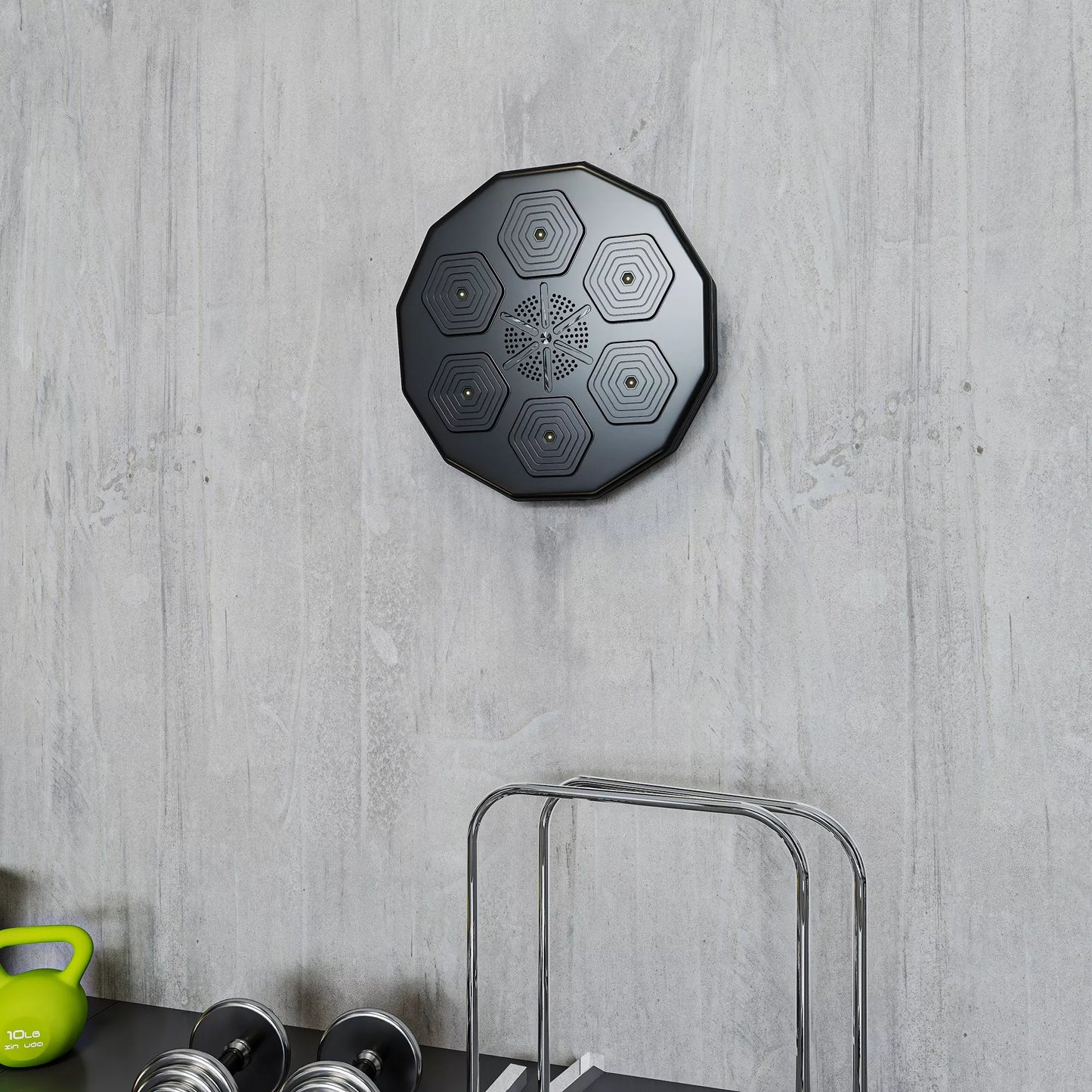 Bokso treniruoklis su muzikos funkcija, Bluetooth, šviečiančiais taškais, tvirtinimu prie sienos, dirbtine oda, juodas