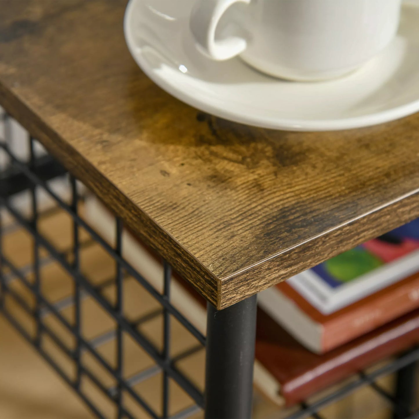 Virtuvės vežimėlis industriniame dizaine, 1 lentyna, 1 laikymo krepšys, 4 ratai, 40 cm x 30 cm x 62 cm, plienas, juoda + ruda