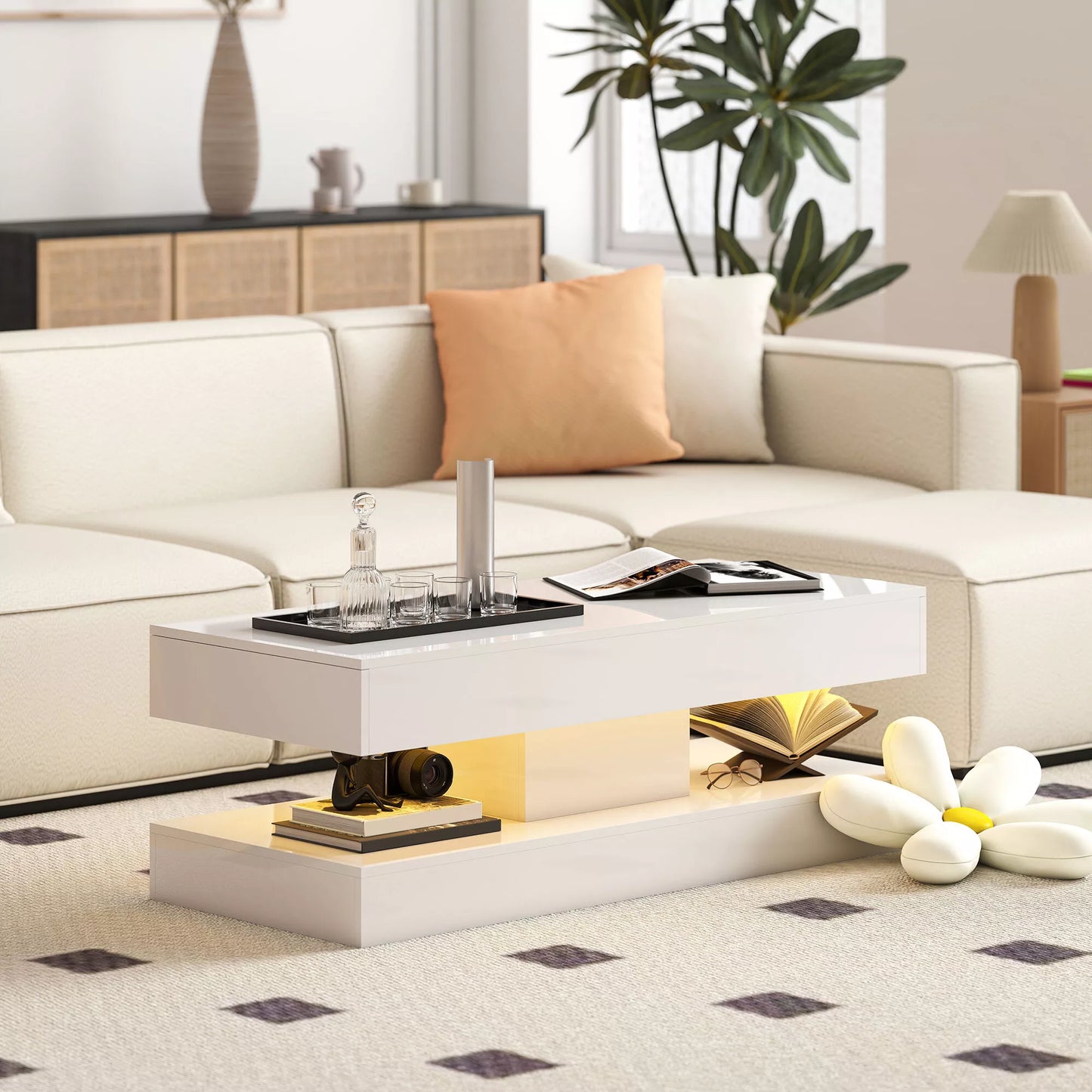 Svetainės stalas su stalčiais ir LED apšvietimu, modernus sofos stalas su atvira lentynėle, kavos stalas, medžio drožlių plokštė, baltas