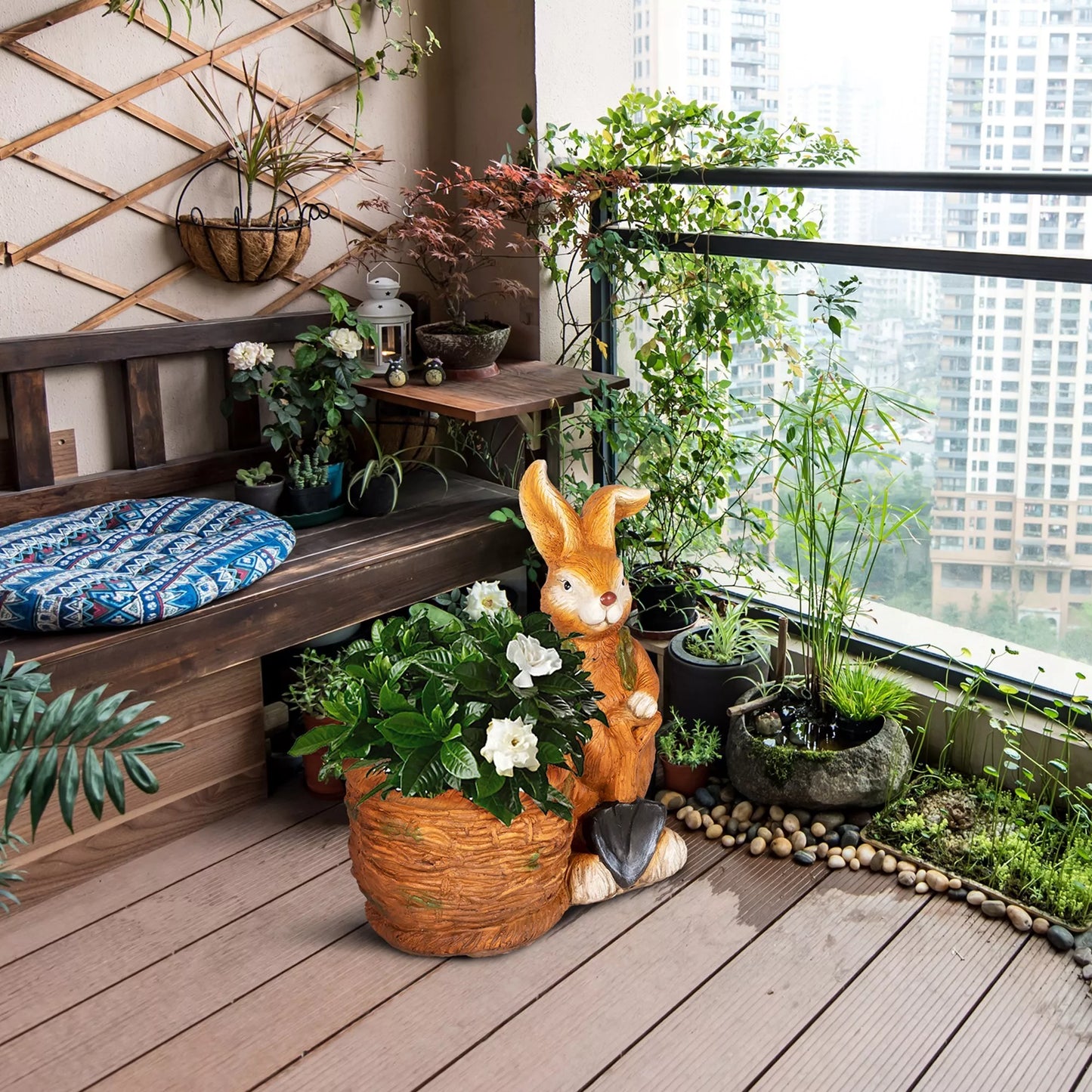 Gėlių vazonas, triušis su gluosnių krepšeliu, atsparus oro sąlygoms, 45x27x50cm, ruda