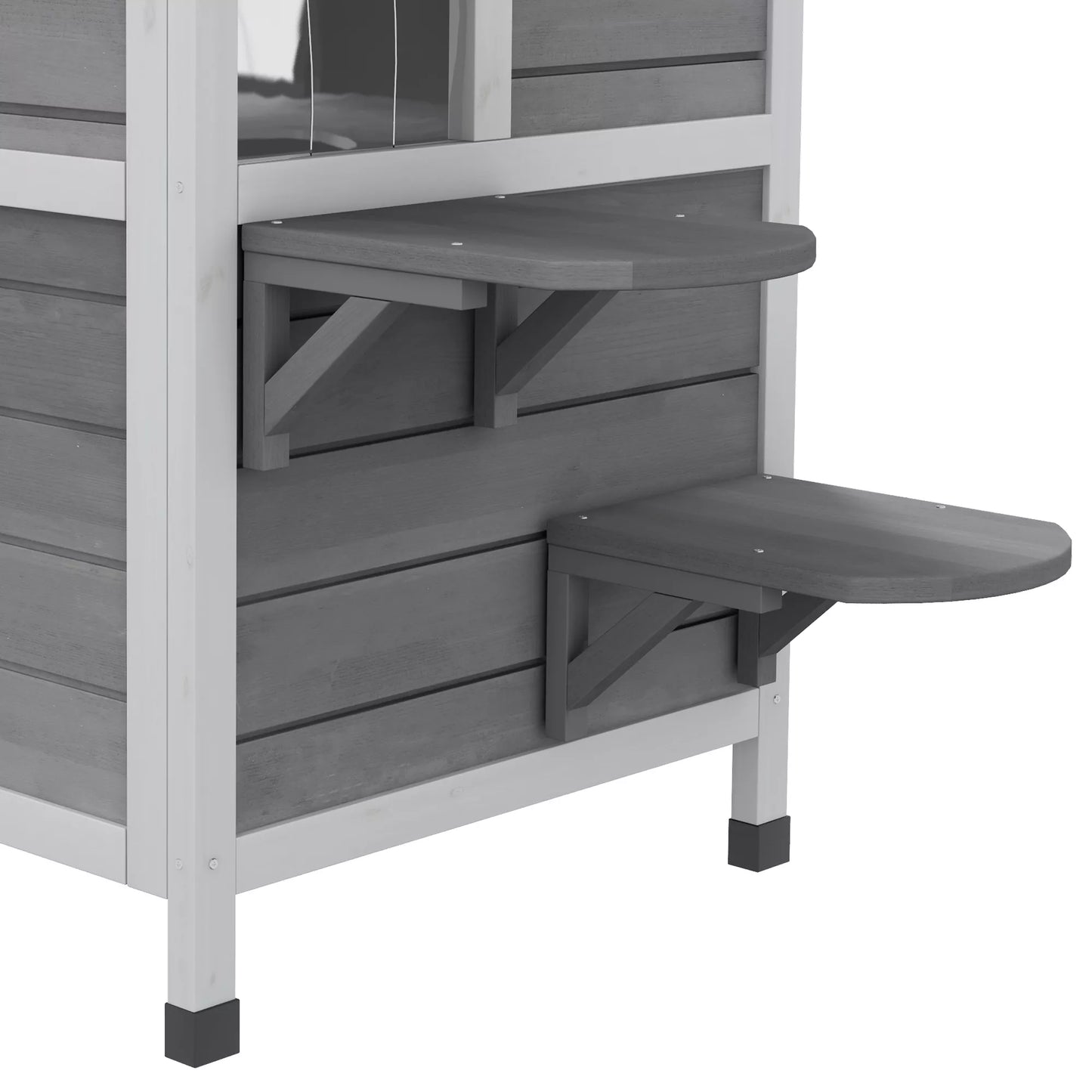 Medinis katės namelis, 2 aukštų, atsparus žiemai, neperšlampamas katės būdelė su bitumine danga, atlenkiamu dangčiu, laipteliais, katės ola lauke, sode, balkone 99,5 x 76 x 91 cm Pilka